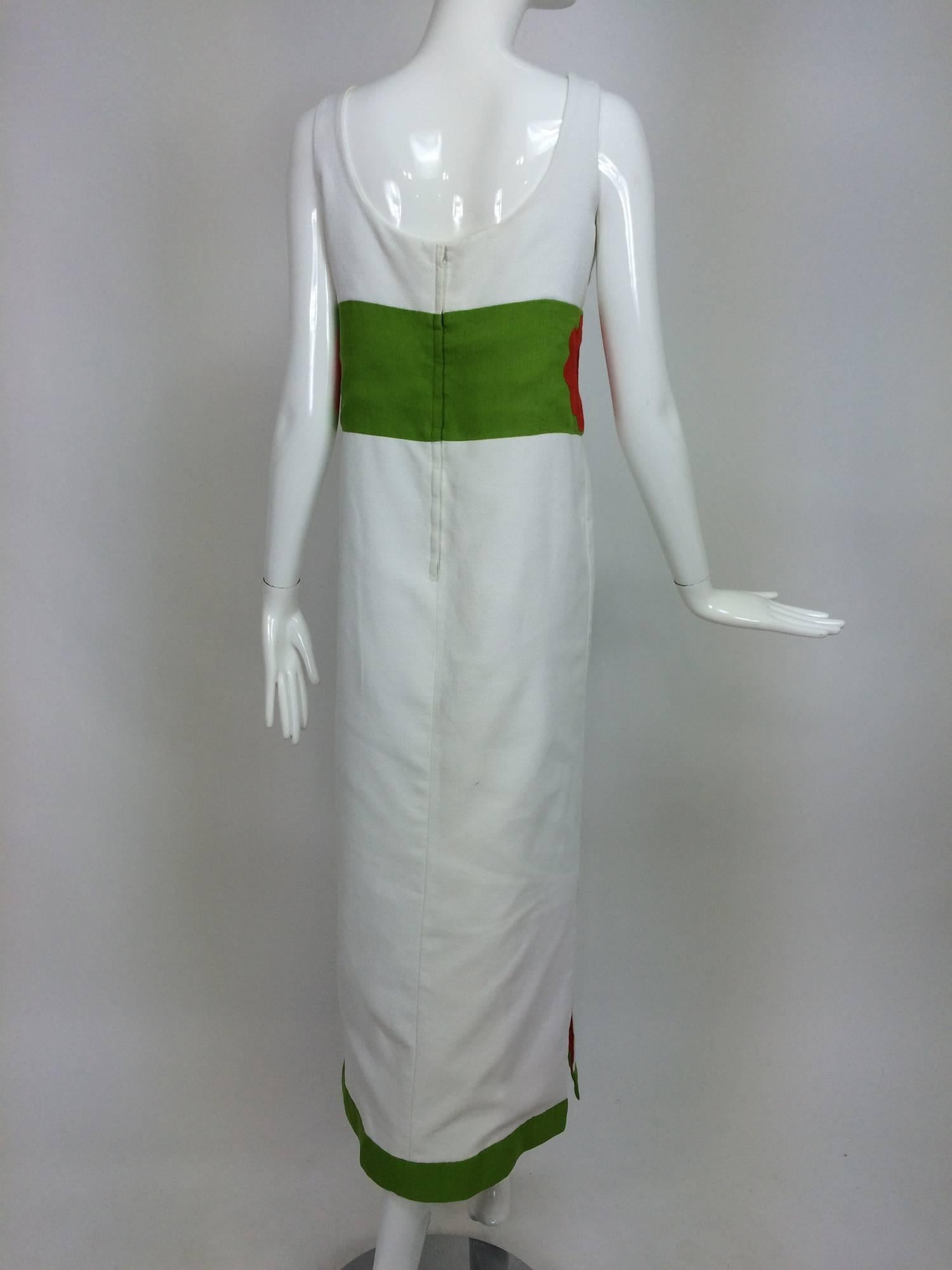 Women's Vintage mod style novelty white pique maxi dress with open flower sides 1960s