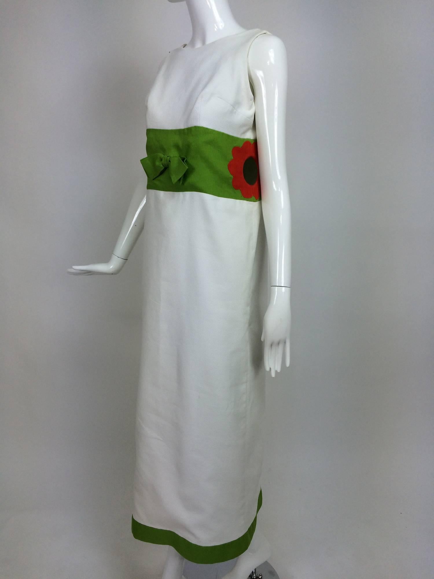 Vintage mod style novelty white pique maxi dress with open flower sides 1960s 1