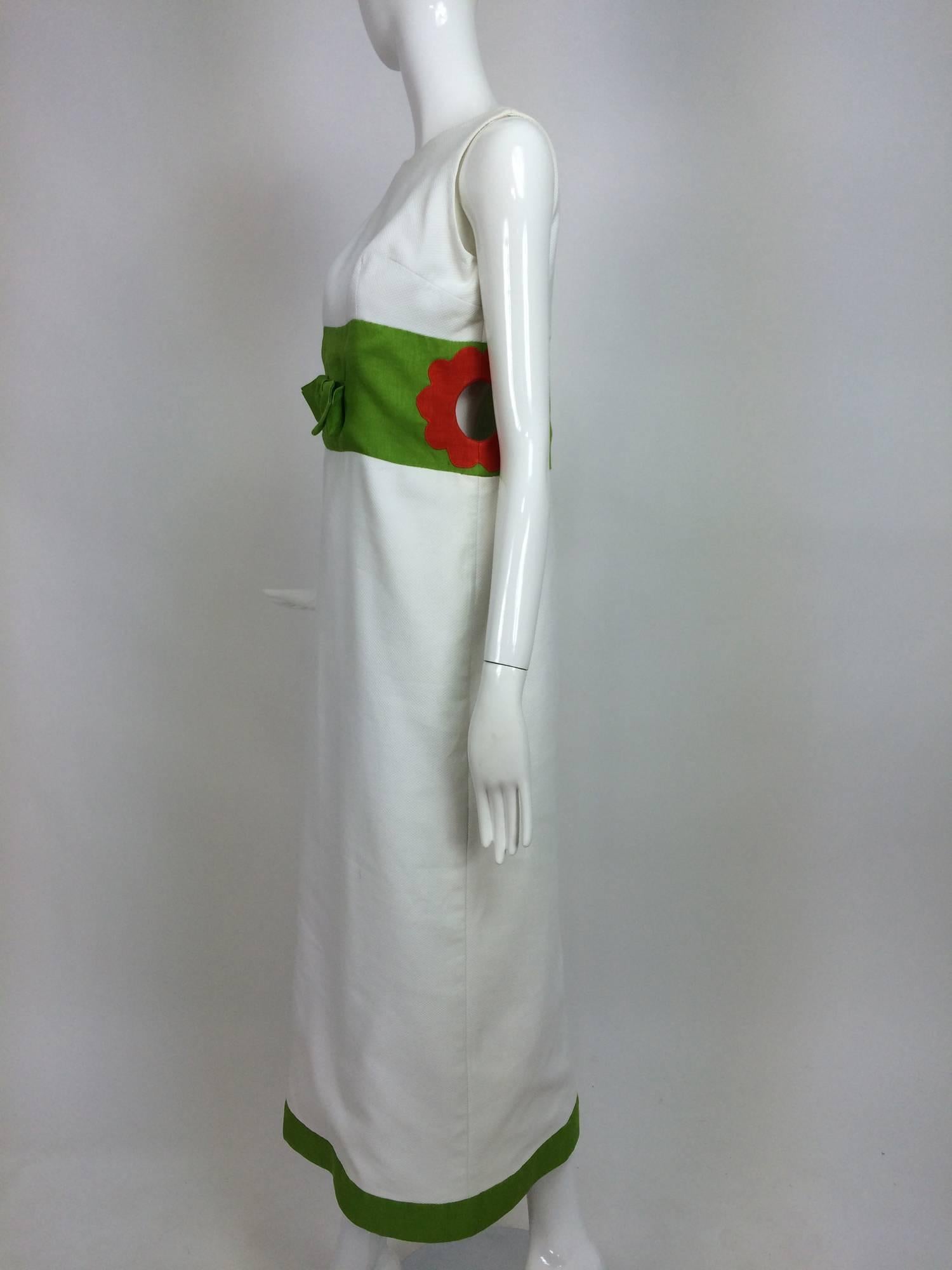 Vintage mod style novelty white pique maxi dress with open flower sides 1960s 2