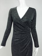 Vintage Tadashi silver glitter knit plunge neck maxi dress 1980s