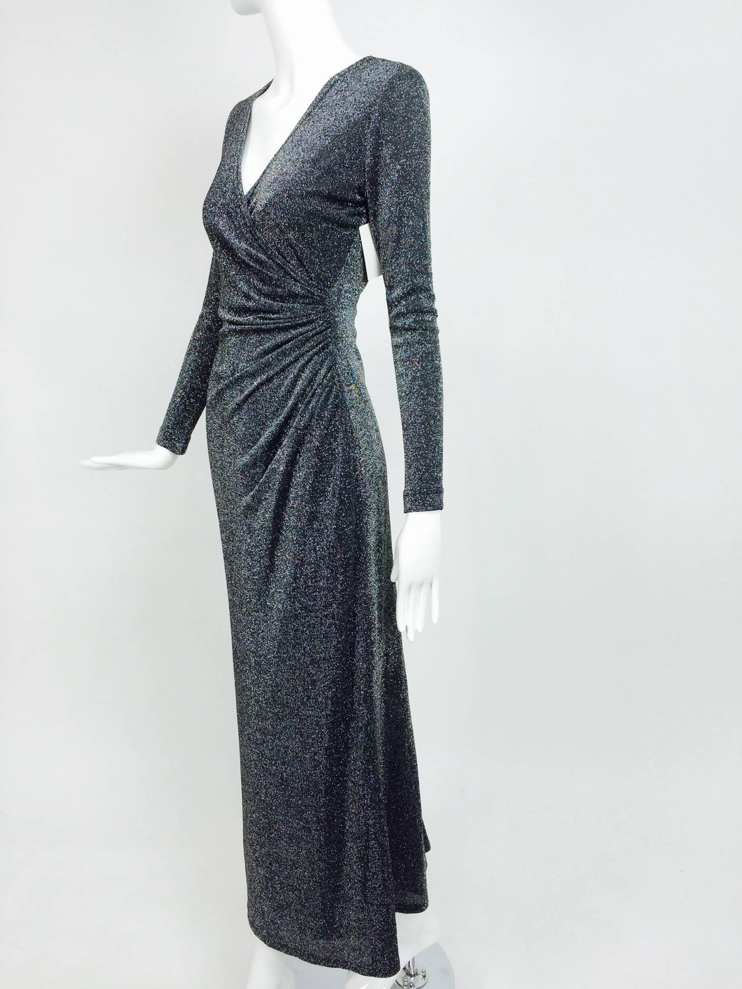 Black Vintage Tadashi silver glitter knit plunge neck maxi dress 1980s
