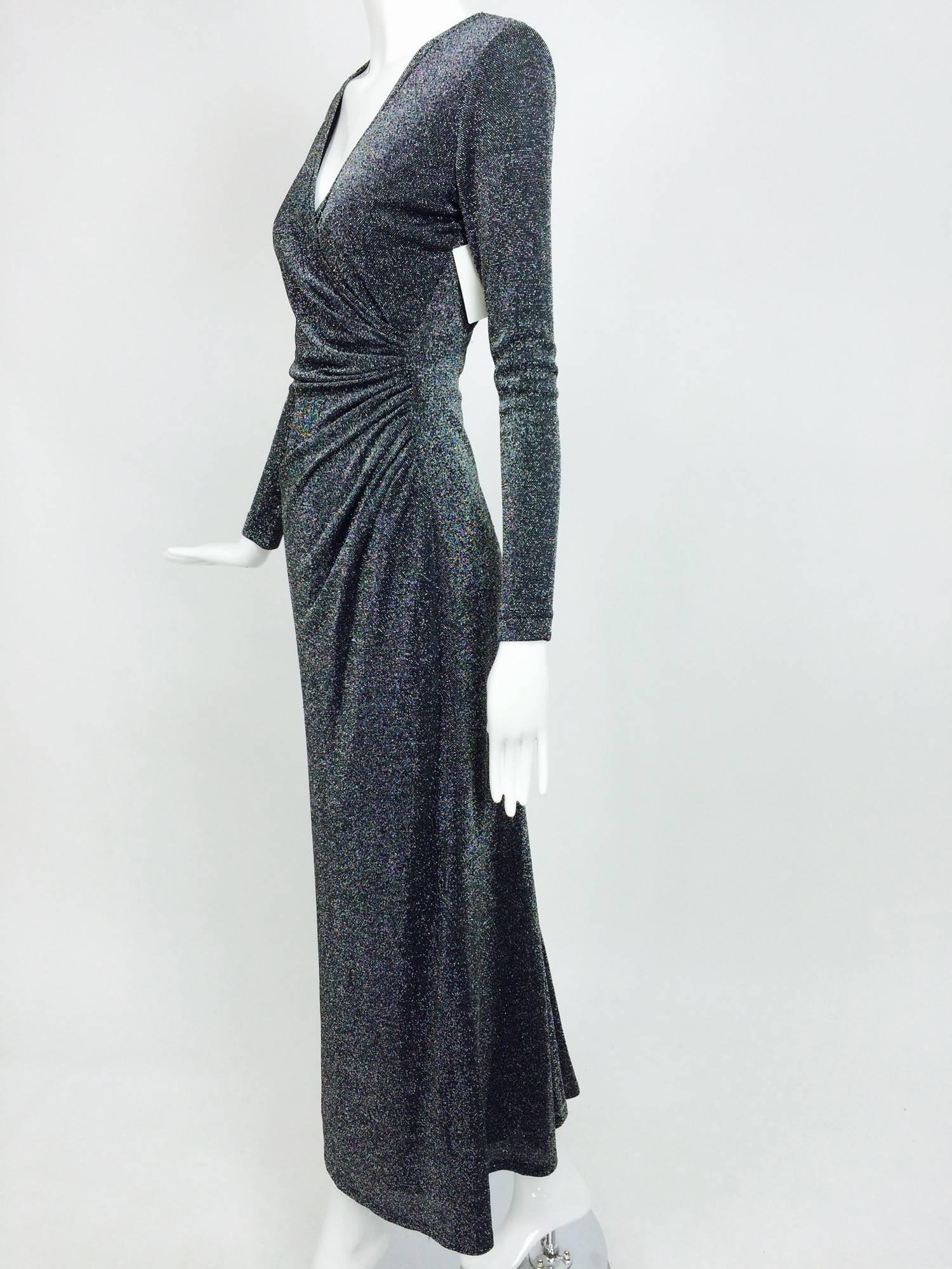 Vintage Tadashi silver glitter knit plunge neck maxi dress 1980s In Excellent Condition In West Palm Beach, FL