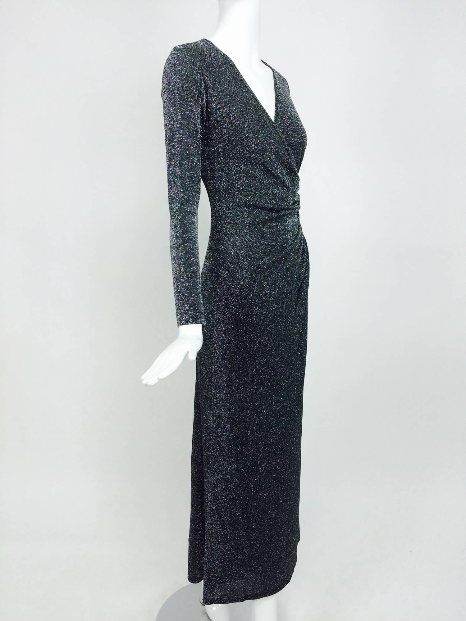 Vintage Tadashi silver glitter knit plunge neck maxi dress 1980s 4