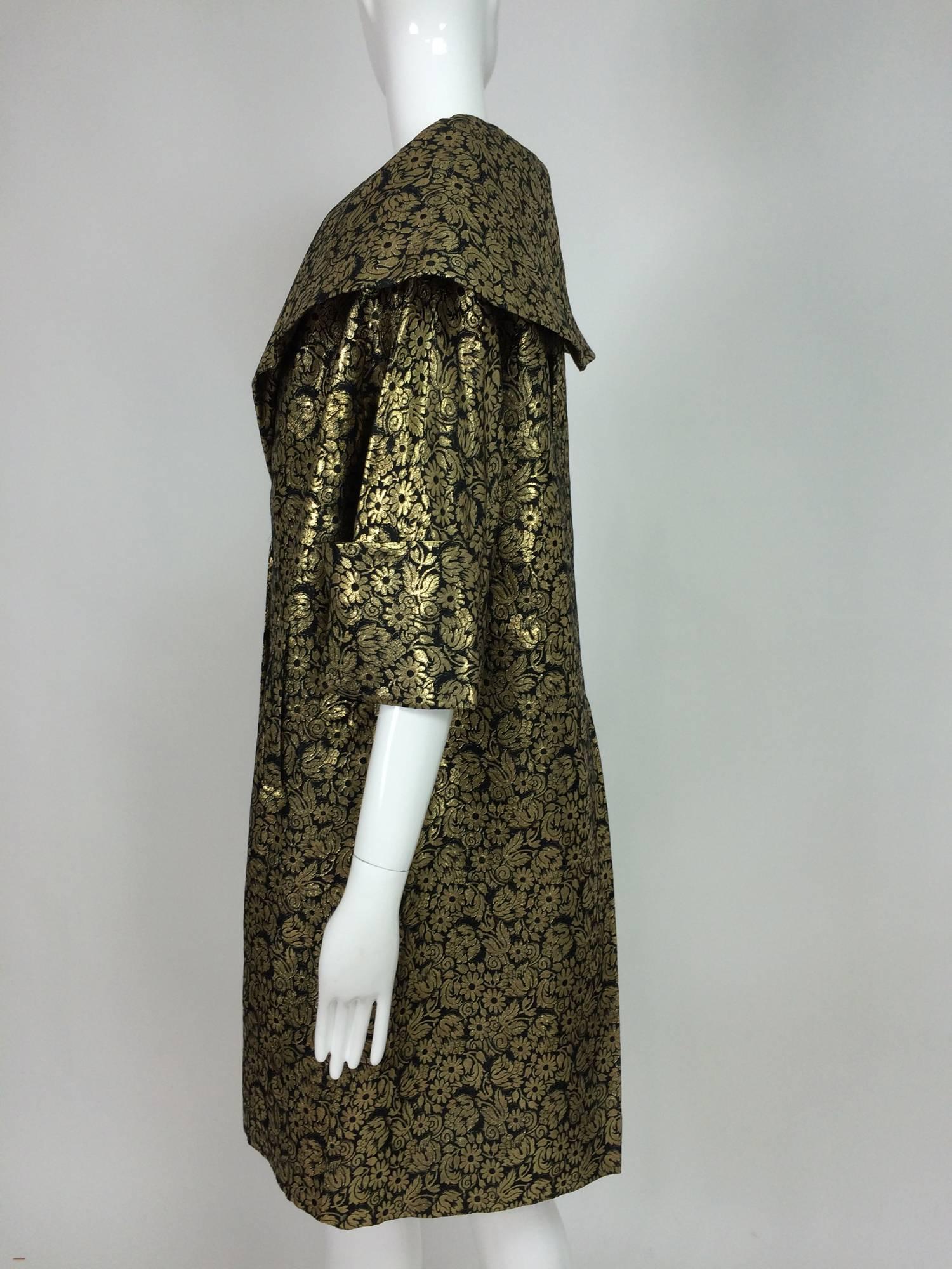 Black Vintage gold brocade shawl collar evening coat 1950s