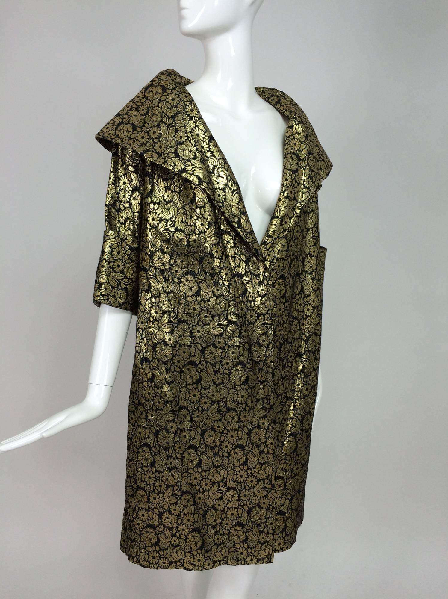 Vintage gold brocade shawl collar evening coat 1950s 3