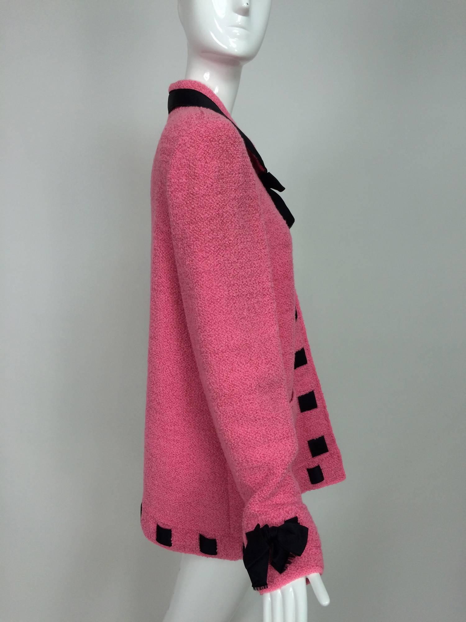 Pink Vintage Adolfo pink & black ribbon trim boucle jacket 1970s
