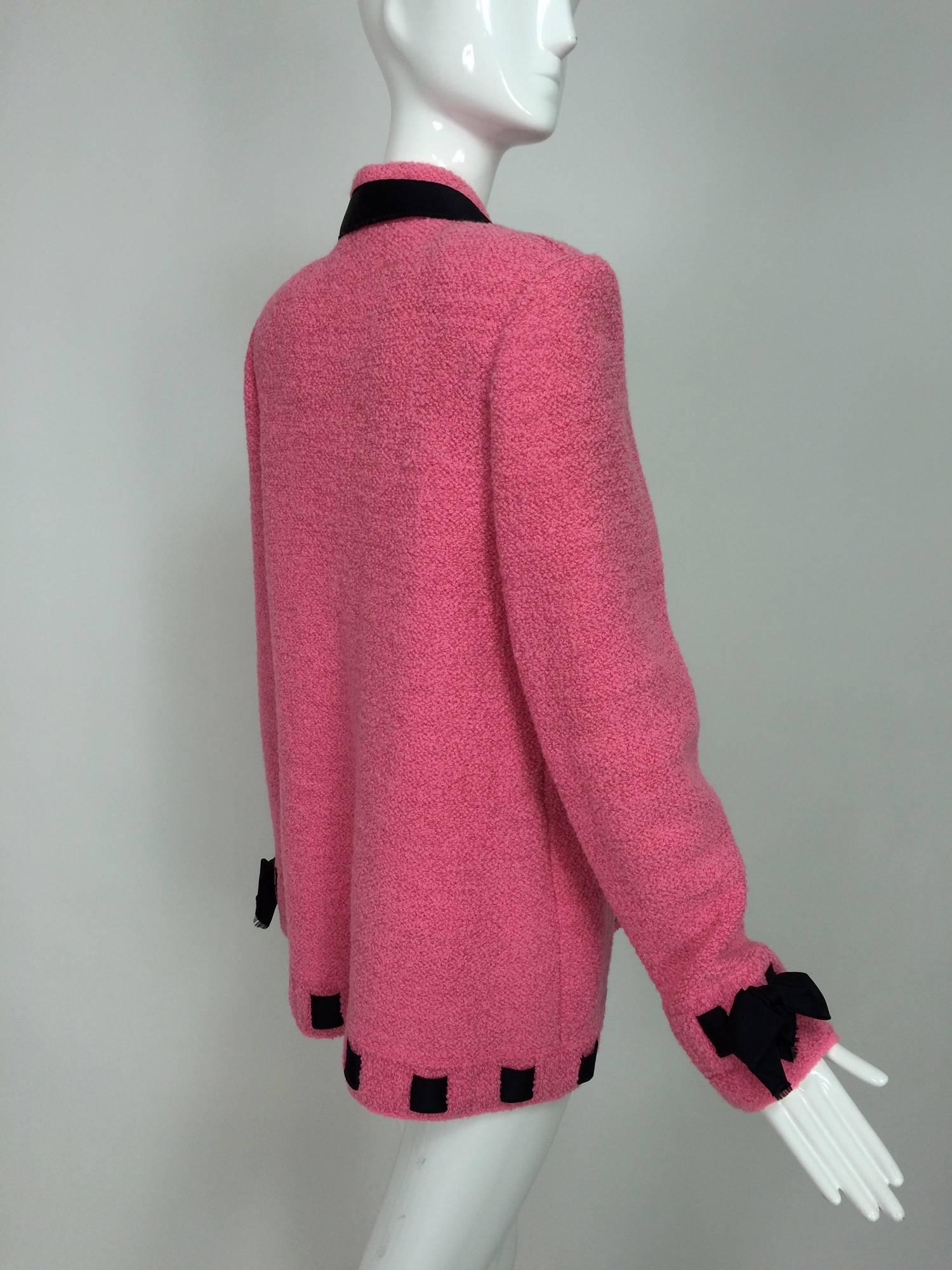 Vintage Adolfo pink & black ribbon trim boucle jacket 1970s In Excellent Condition In West Palm Beach, FL