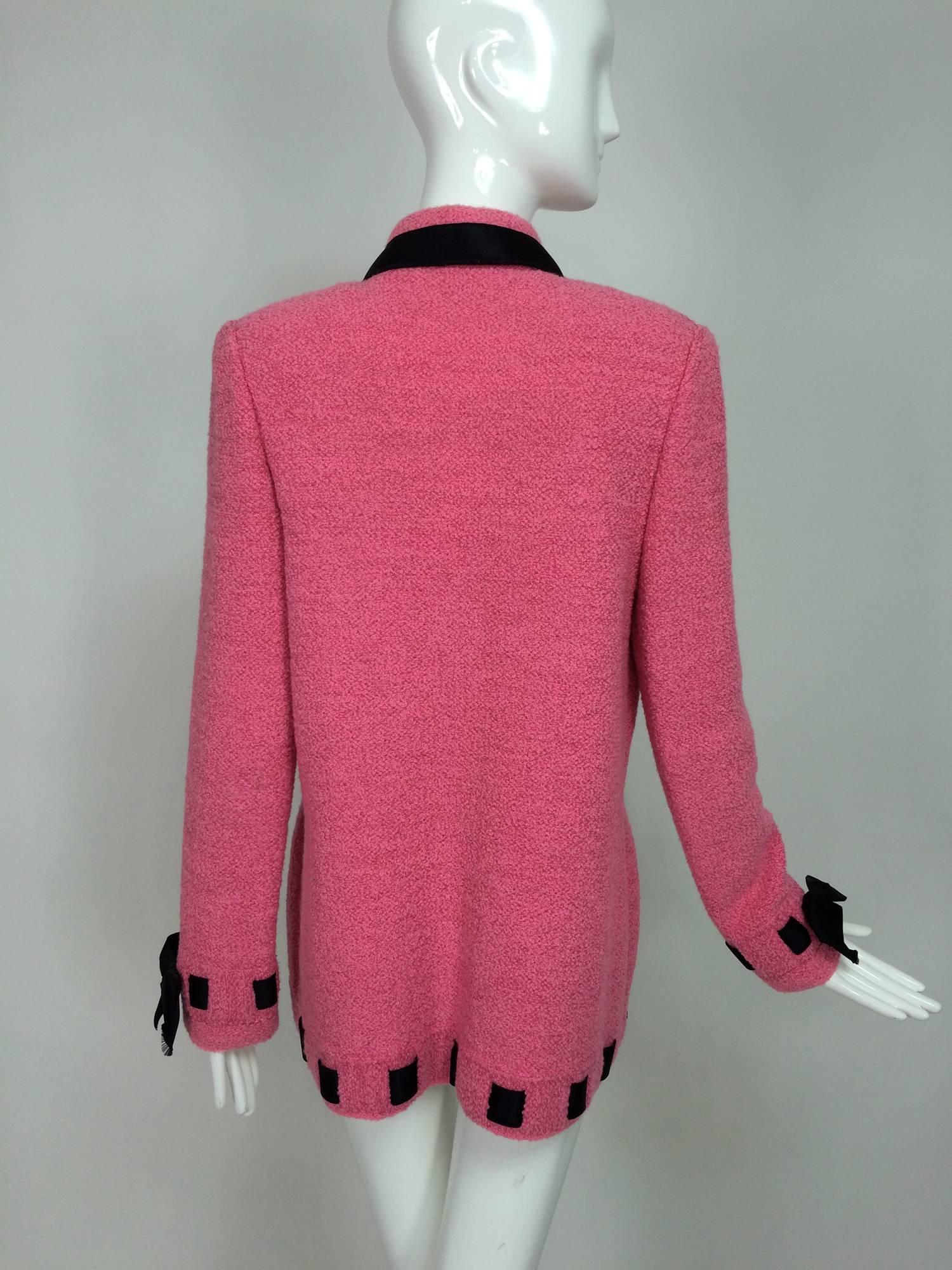 Women's Vintage Adolfo pink & black ribbon trim boucle jacket 1970s