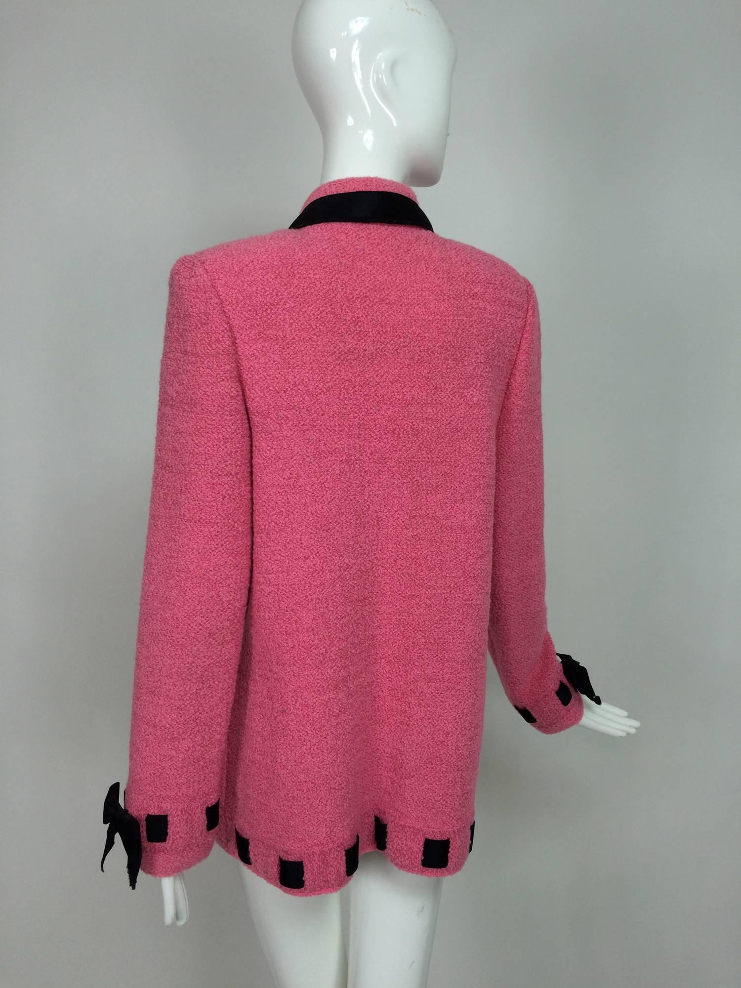 Vintage Adolfo pink & black ribbon trim boucle jacket 1970s 1