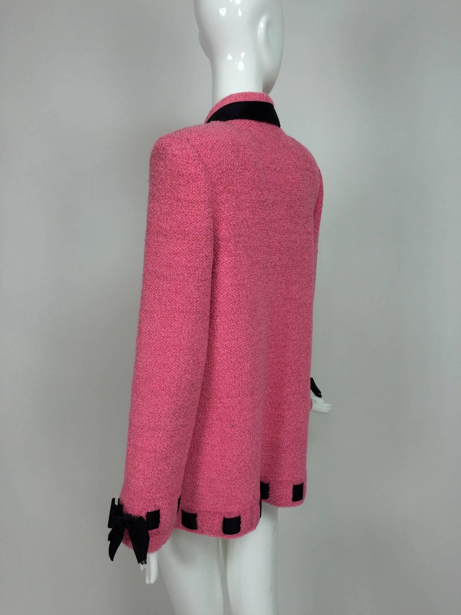 Vintage Adolfo pink & black ribbon trim boucle jacket 1970s 2