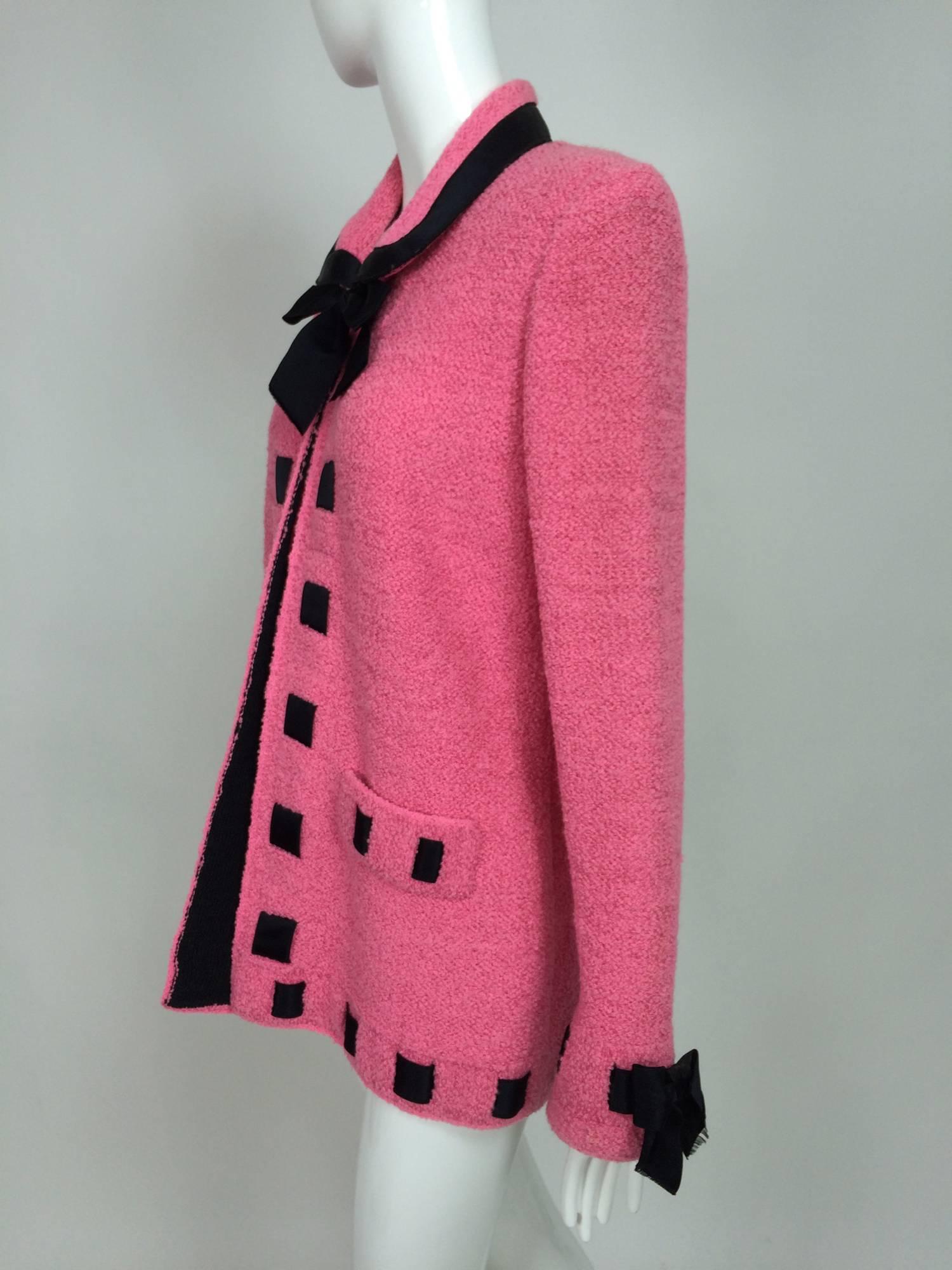 Vintage Adolfo pink & black ribbon trim boucle jacket 1970s 3