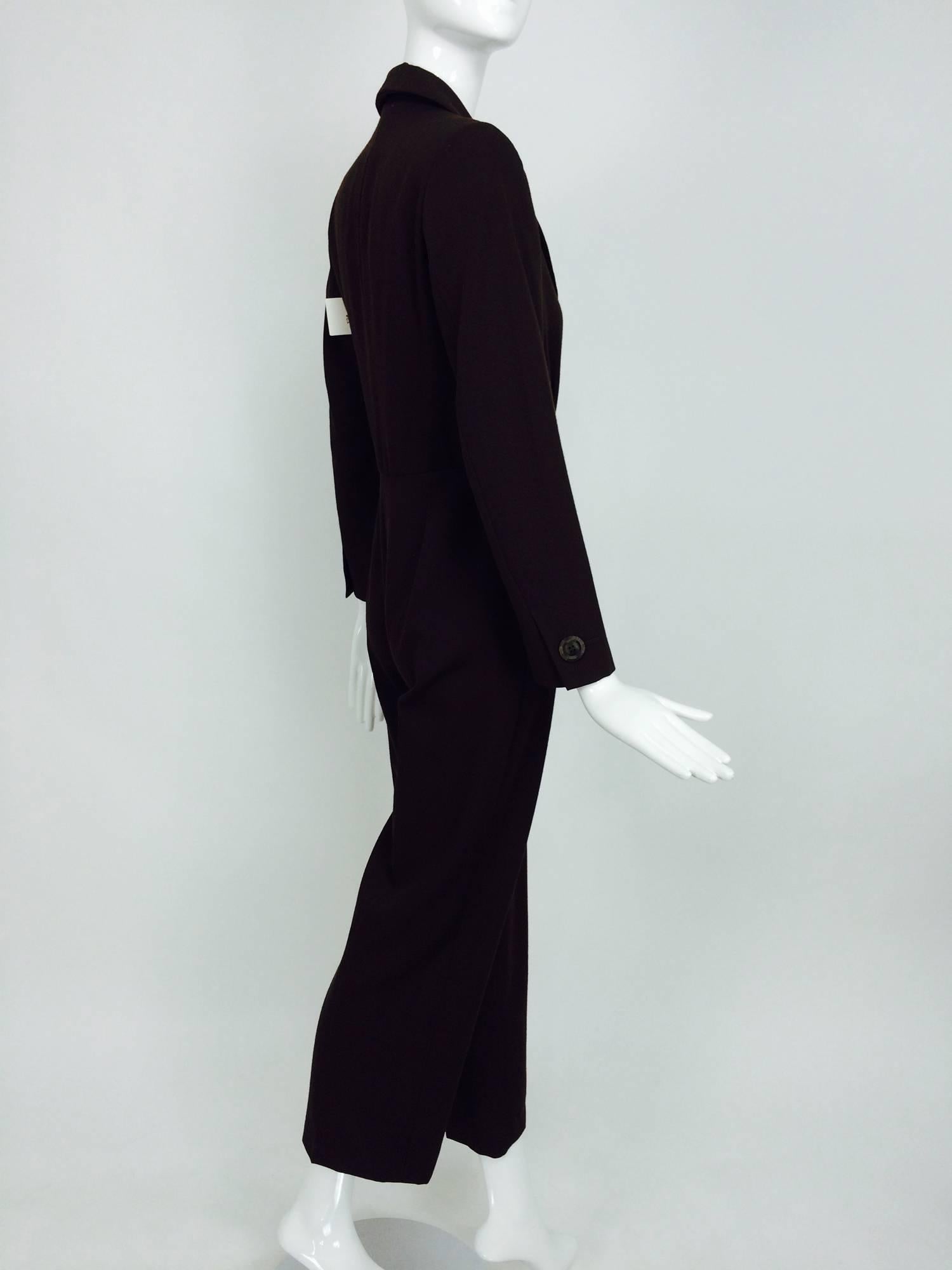 Black Vintage Yves St Laurent YSL brown wool tuxedo jumpsuit 1970s