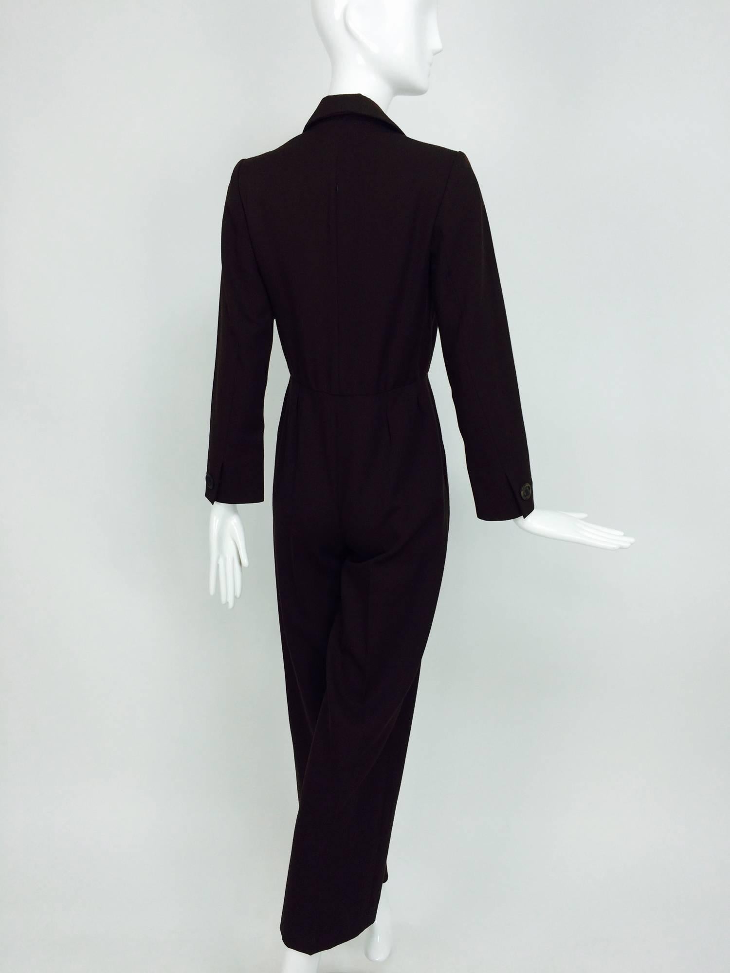 Vintage Yves St Laurent YSL brown wool tuxedo jumpsuit 1970s In Excellent Condition In West Palm Beach, FL