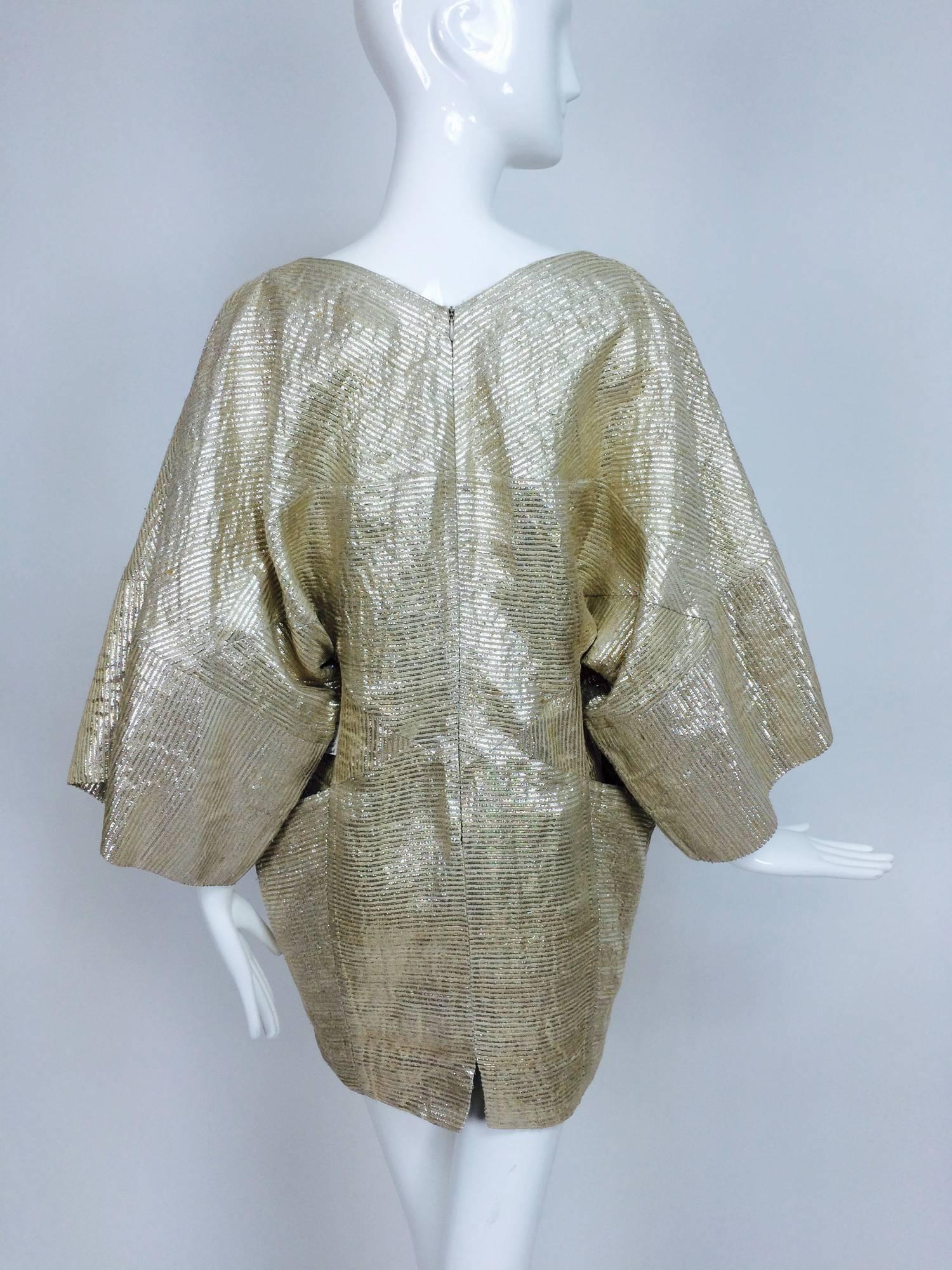 Pucci gold metallic slub silk & linen kimono sleeve mini dress  In Excellent Condition In West Palm Beach, FL