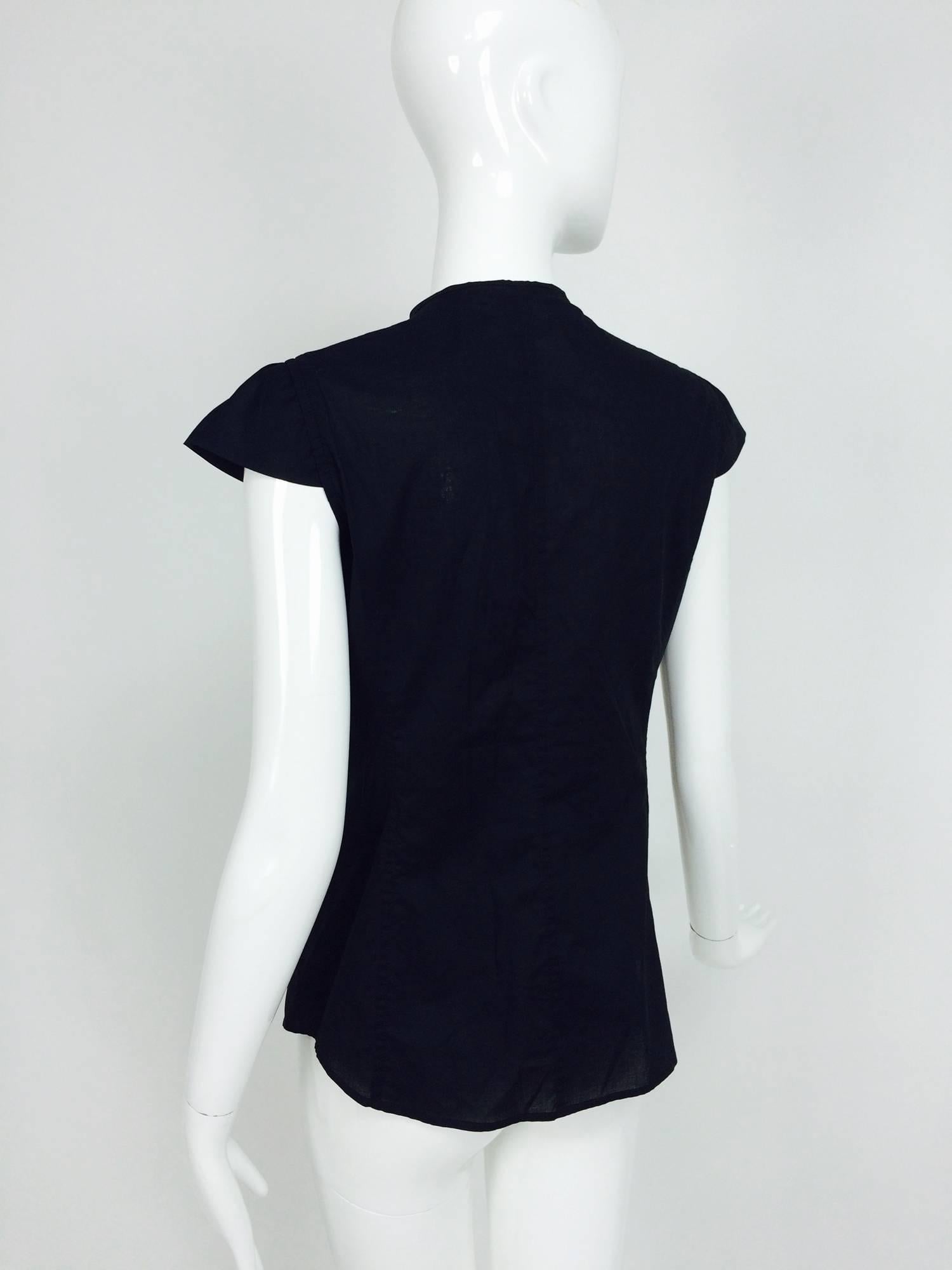 Black Yves Saint Laurent black polished cotton cap sleeve crochet ruffle front blouse