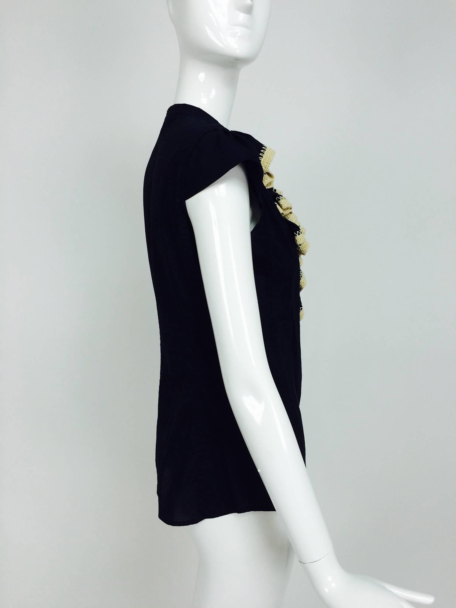 Women's Yves Saint Laurent black polished cotton cap sleeve crochet ruffle front blouse