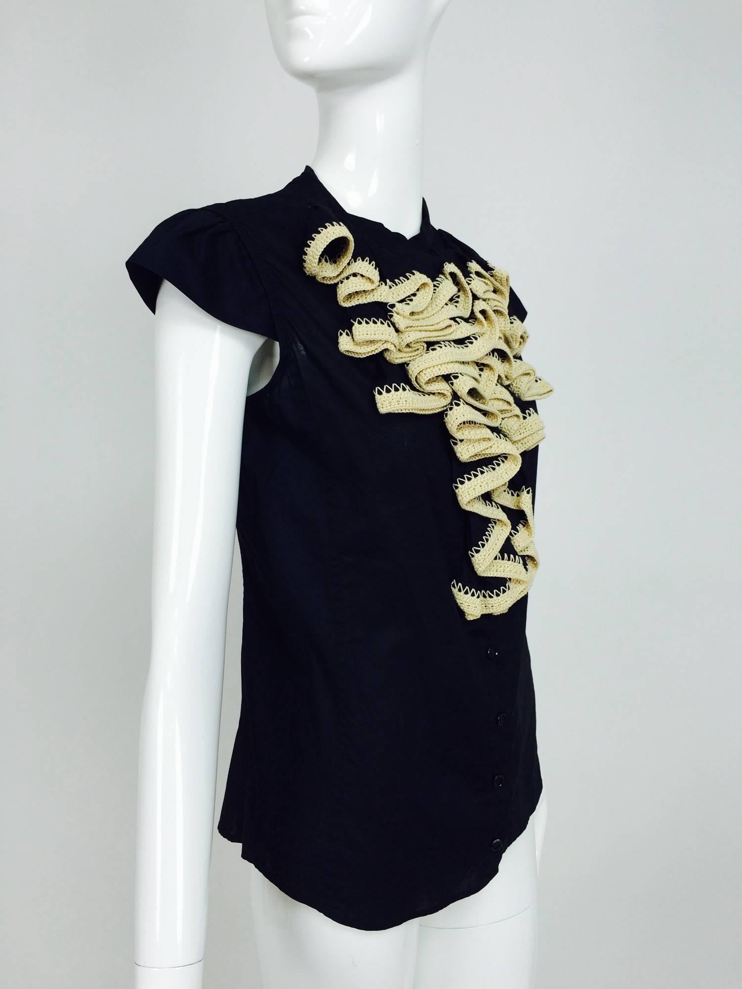 Yves Saint Laurent black polished cotton cap sleeve crochet ruffle front blouse 1