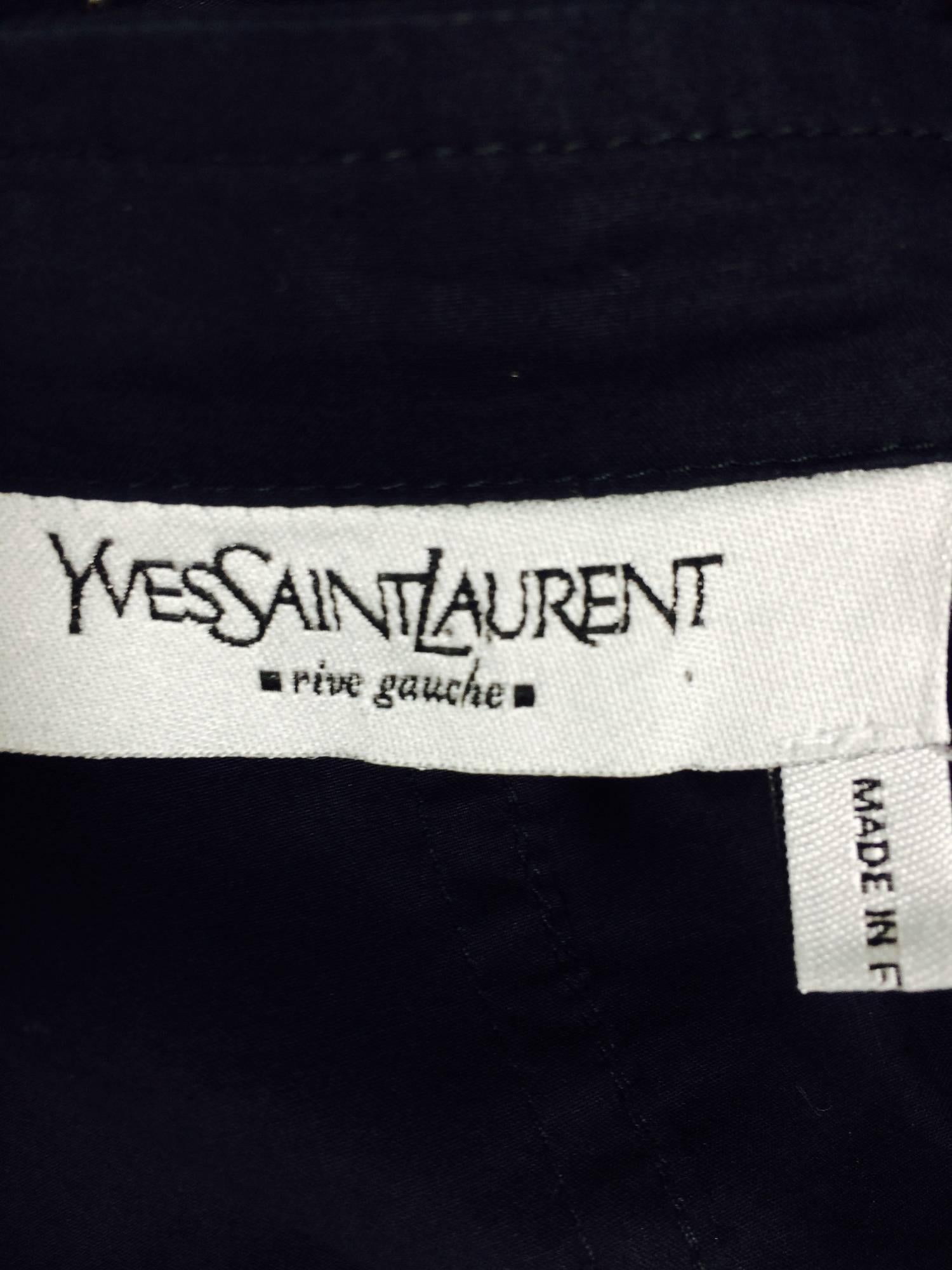 Yves Saint Laurent black polished cotton cap sleeve crochet ruffle front blouse 3