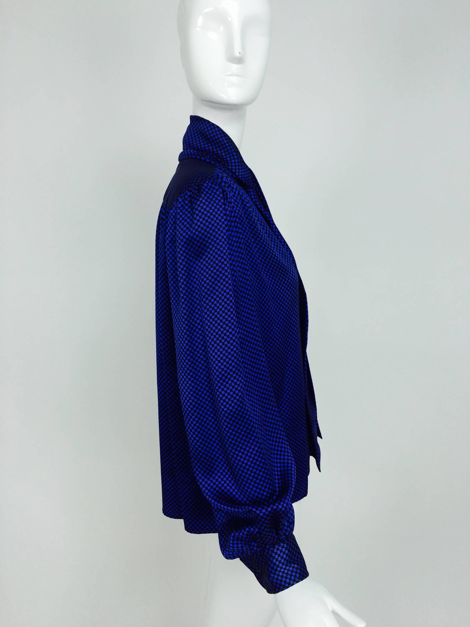 Purple Vintage Yves St Laurent black & blue silk check bow tie blouse 1970s