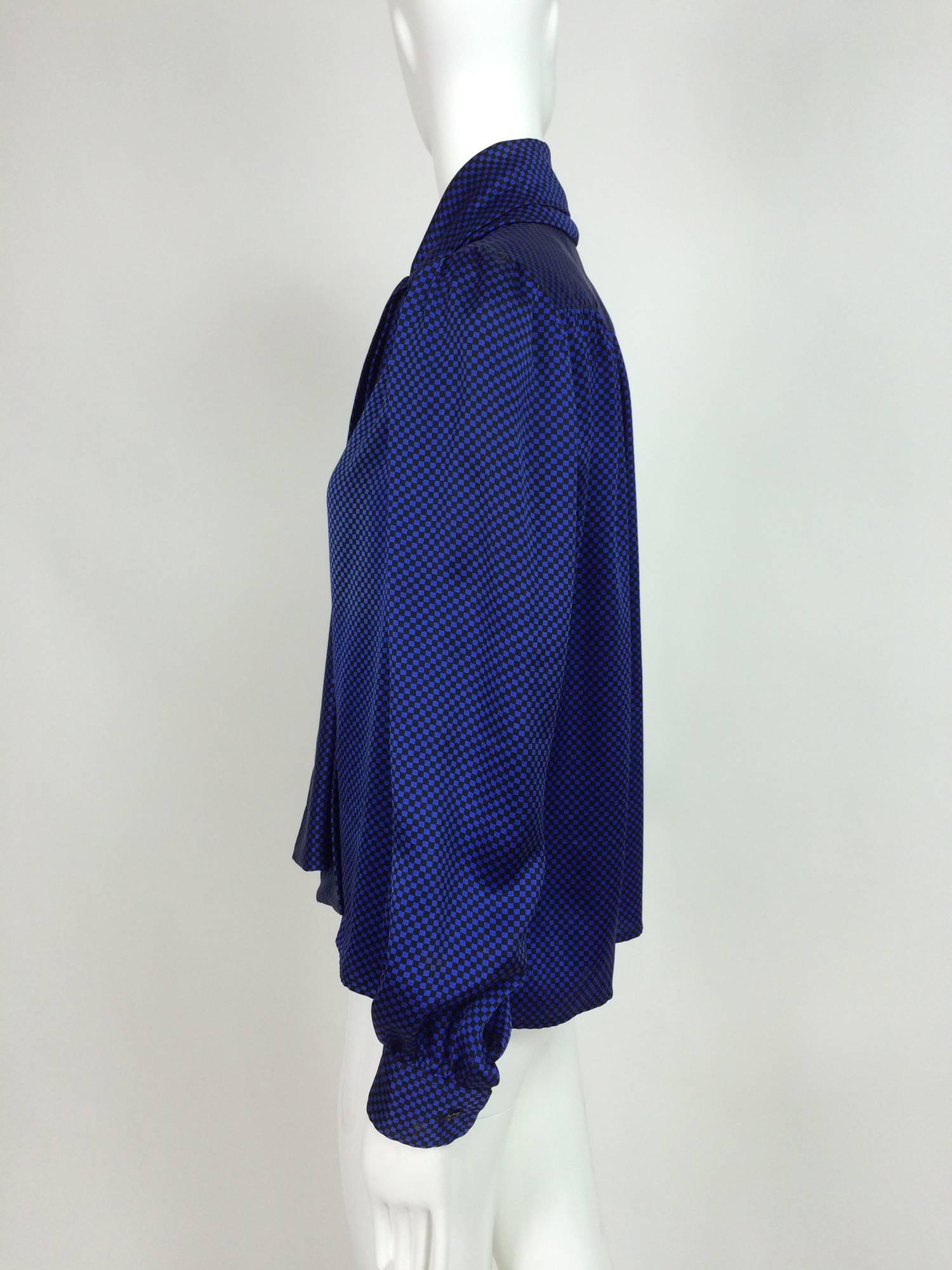 Women's Vintage Yves St Laurent black & blue silk check bow tie blouse 1970s
