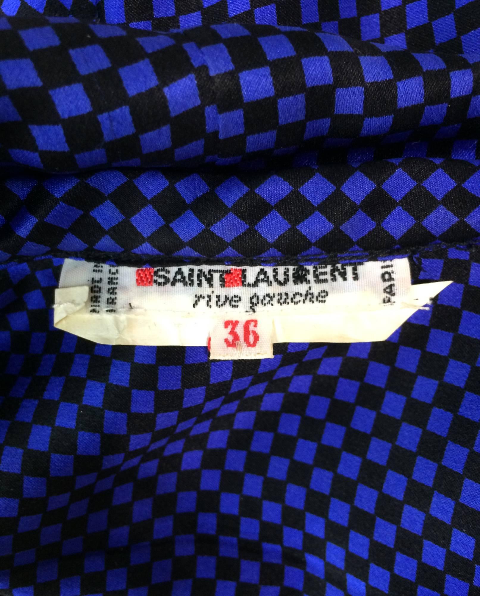 Vintage Yves St Laurent black & blue silk check bow tie blouse 1970s 3