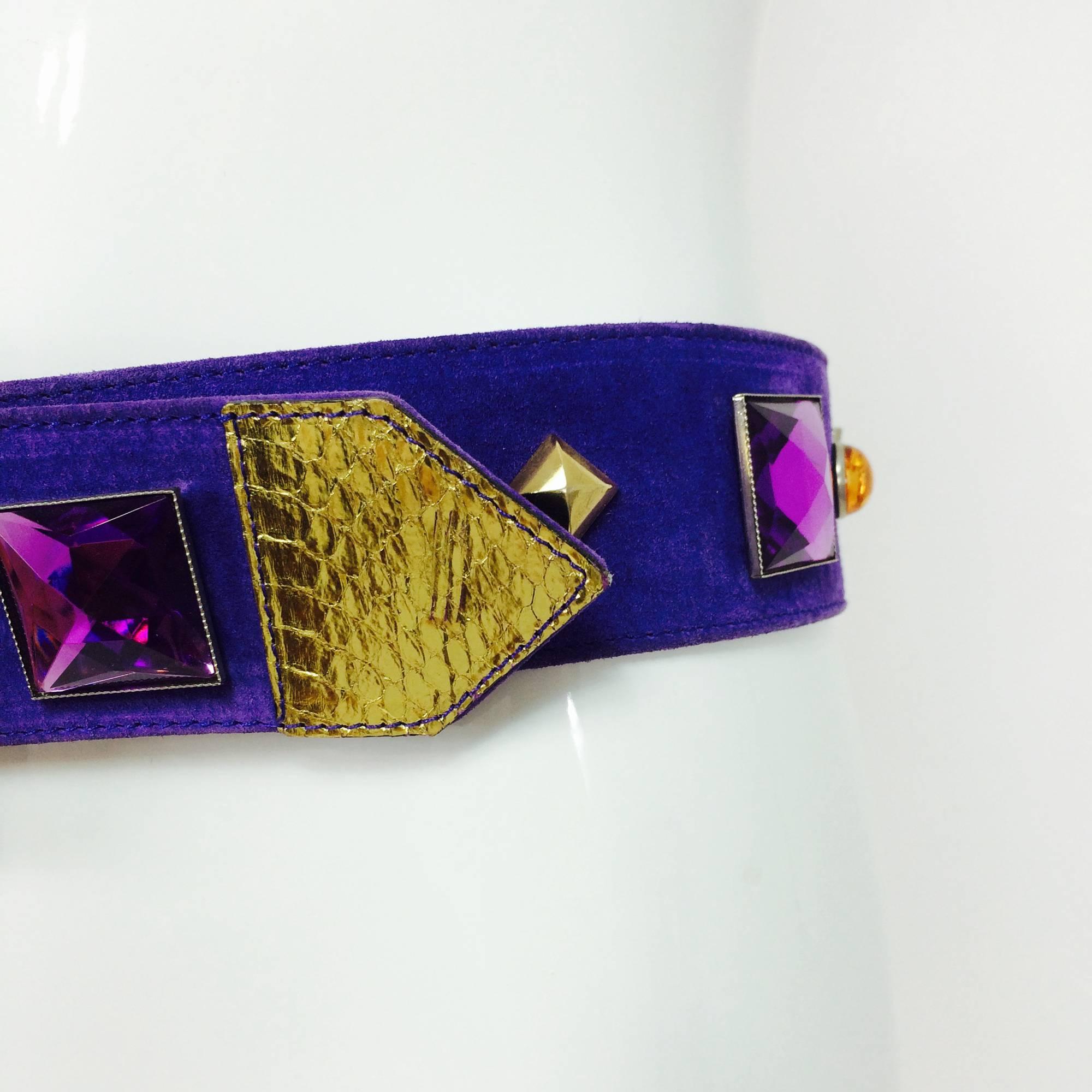 Black Vintage Yves St Laurent jeweled purple suede belt 1980s