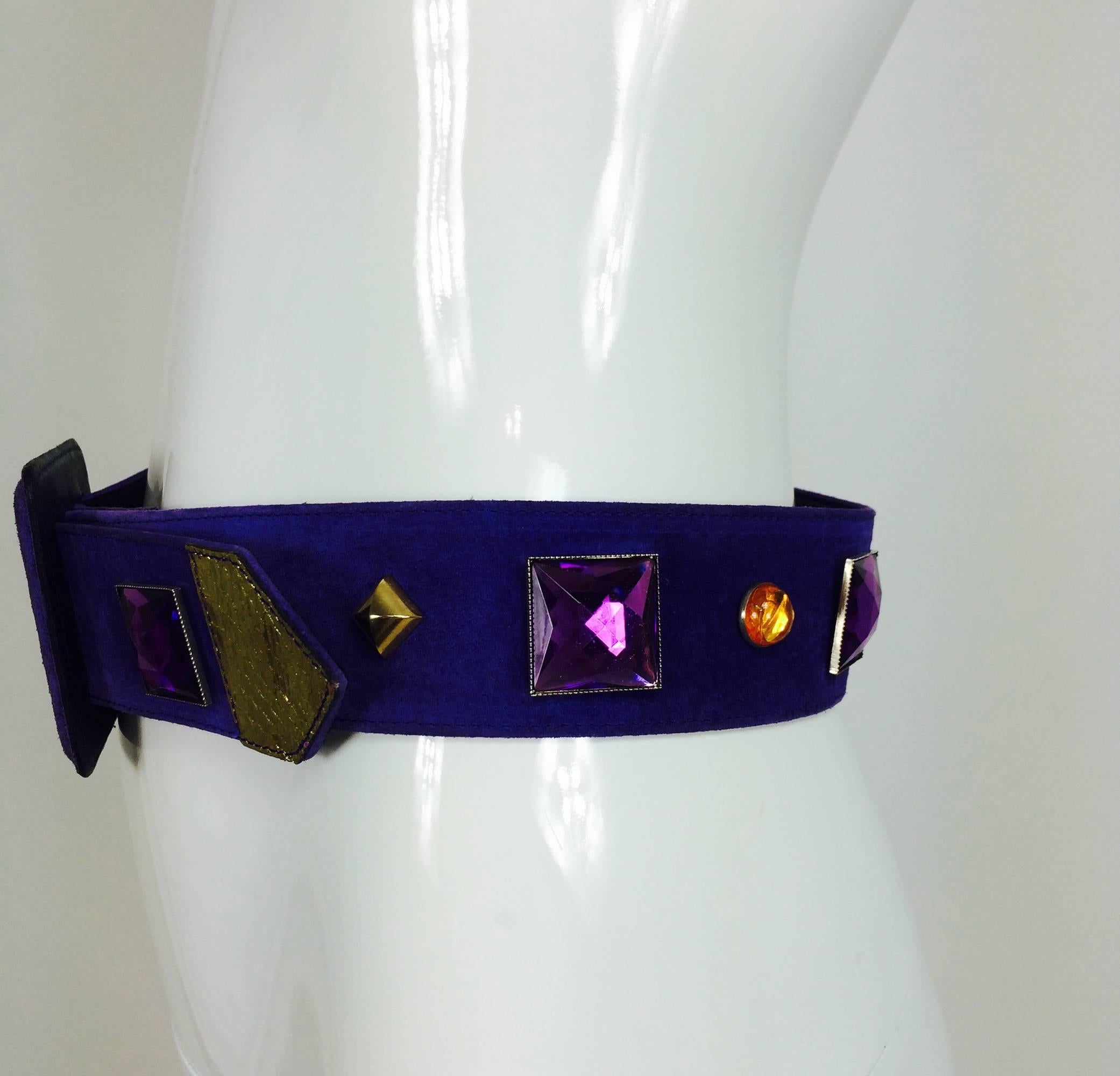 Vintage Yves St Laurent jeweled purple suede belt 1980s In Excellent Condition In West Palm Beach, FL
