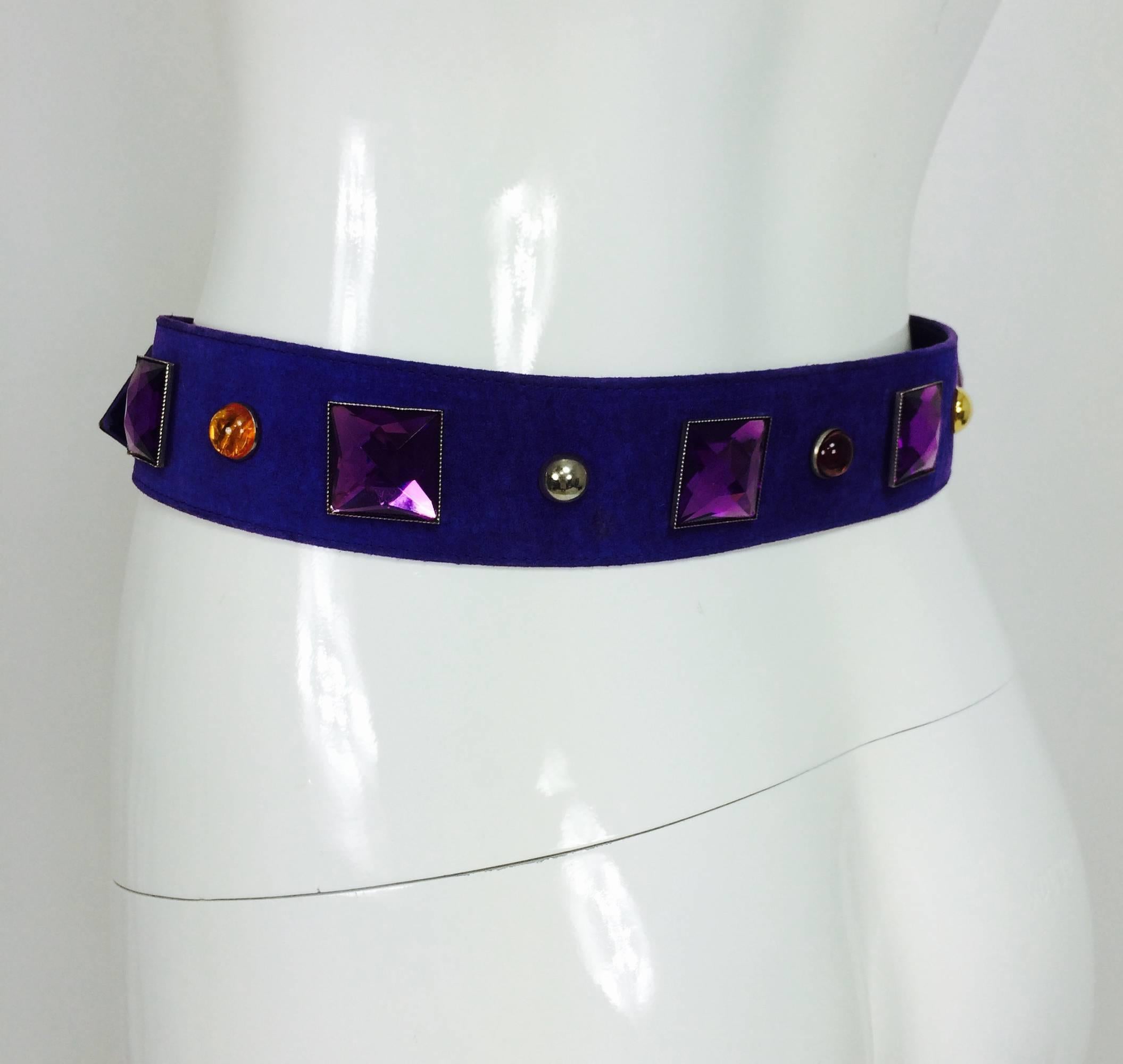 Women's Vintage Yves St Laurent jeweled purple suede belt 1980s