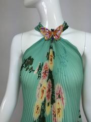 Ungaro aqua floral print pleated silk chiffon butterfly halter top