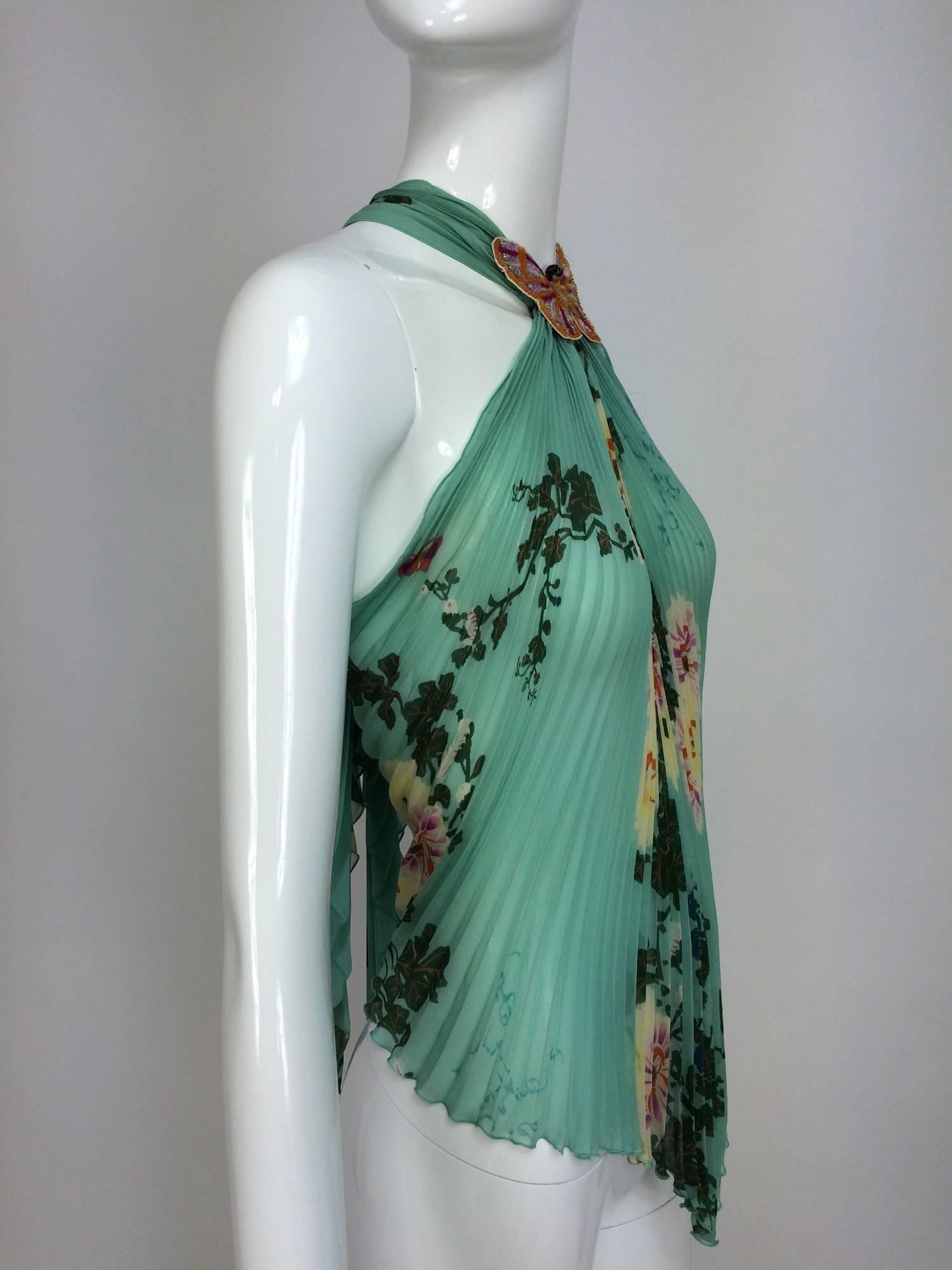 Ungaro aqua floral print pleated silk chiffon butterfly halter top In Excellent Condition In West Palm Beach, FL