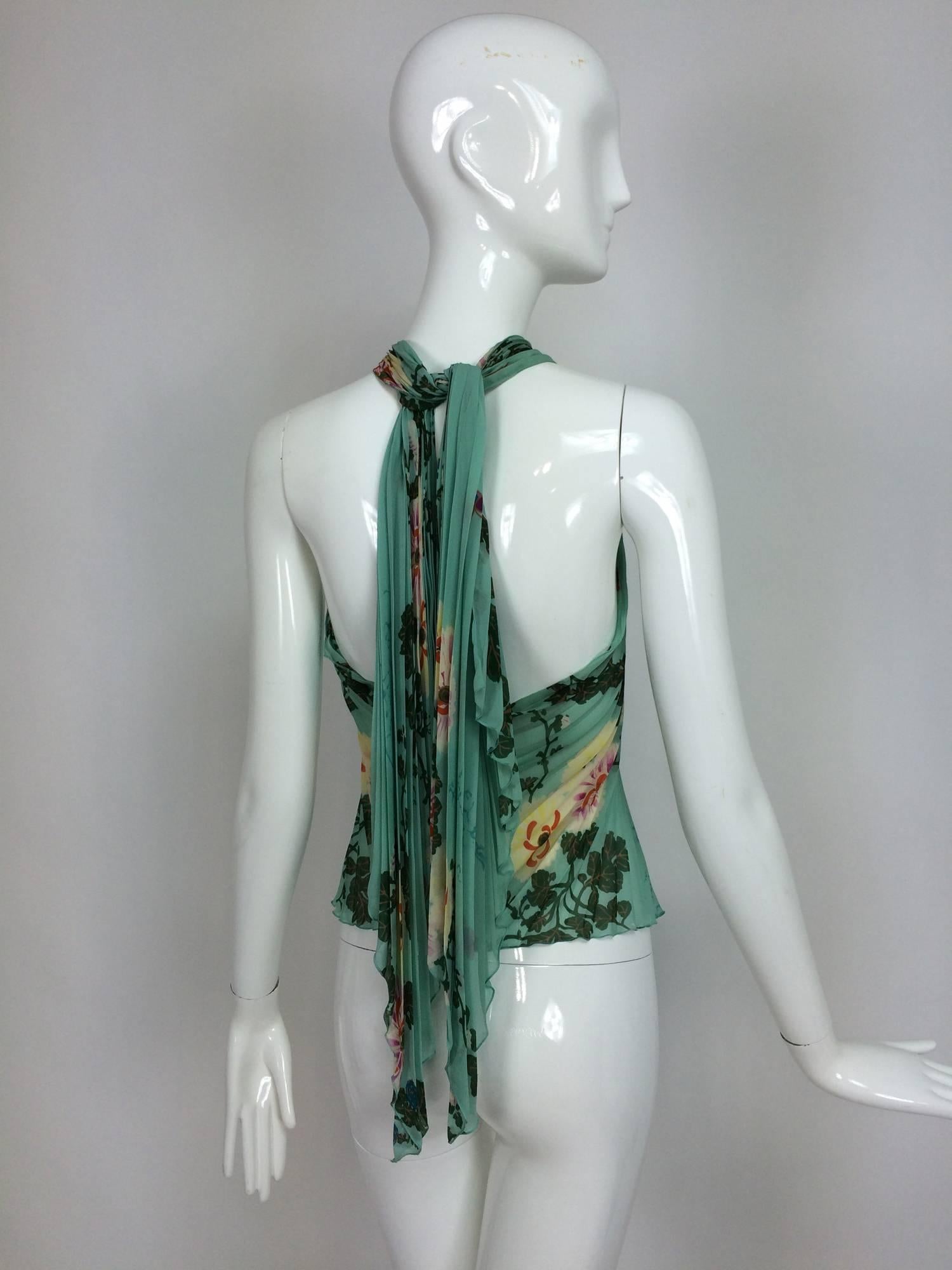 Women's Ungaro aqua floral print pleated silk chiffon butterfly halter top