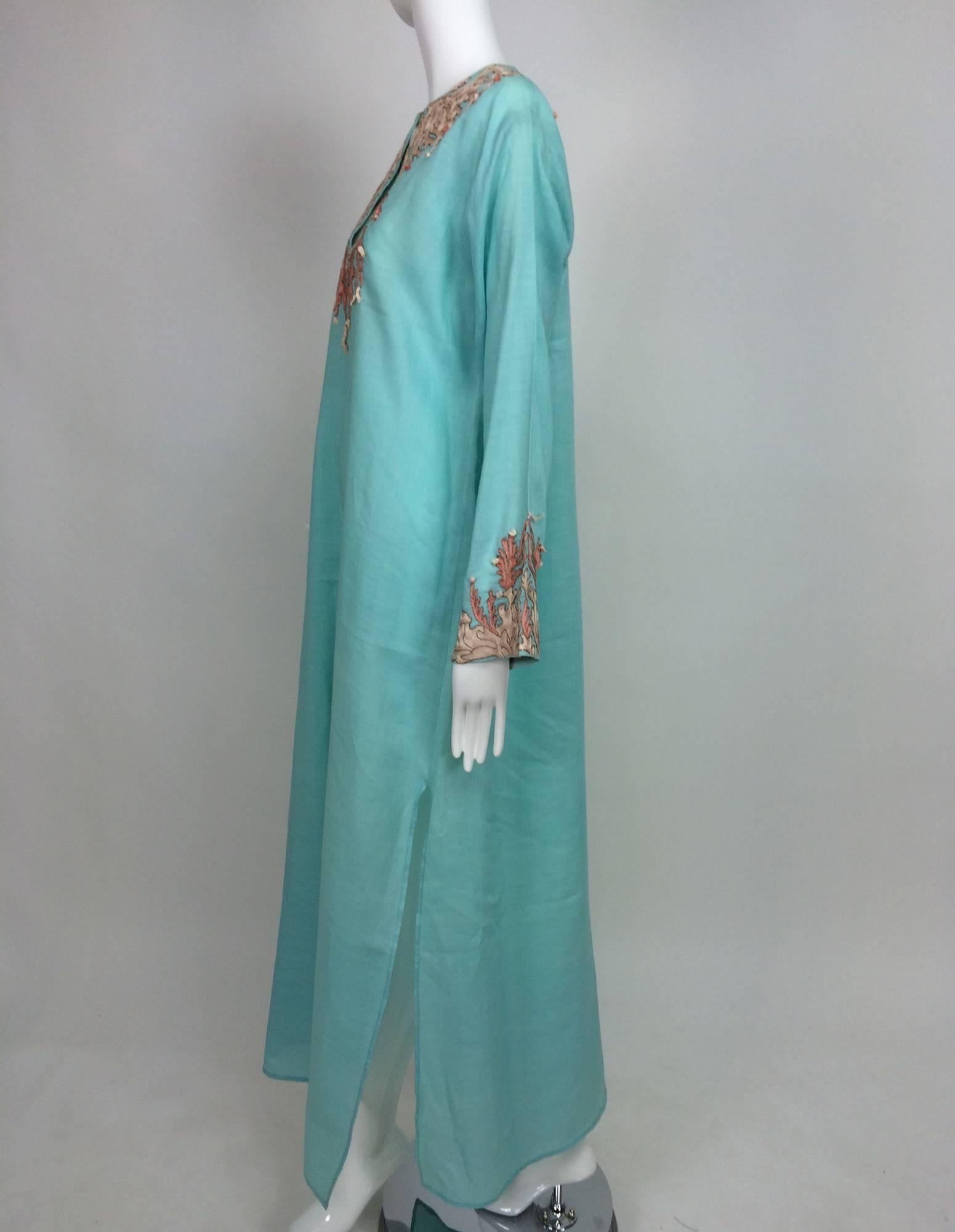 Jeannie McQueeny Aqua linen coral embroidered caftan L For Sale at ...
