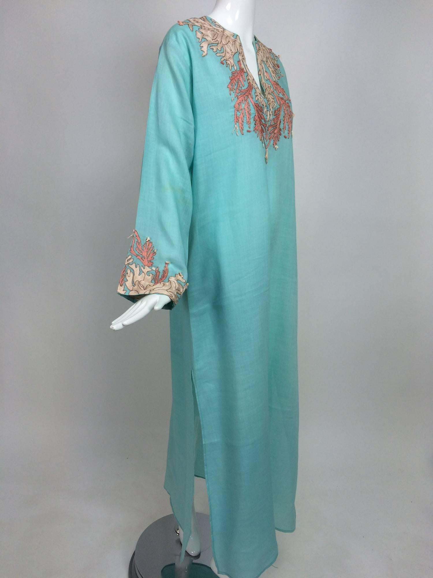 Jeannie McQueeny Aqua linen coral embroidered caftan L 2