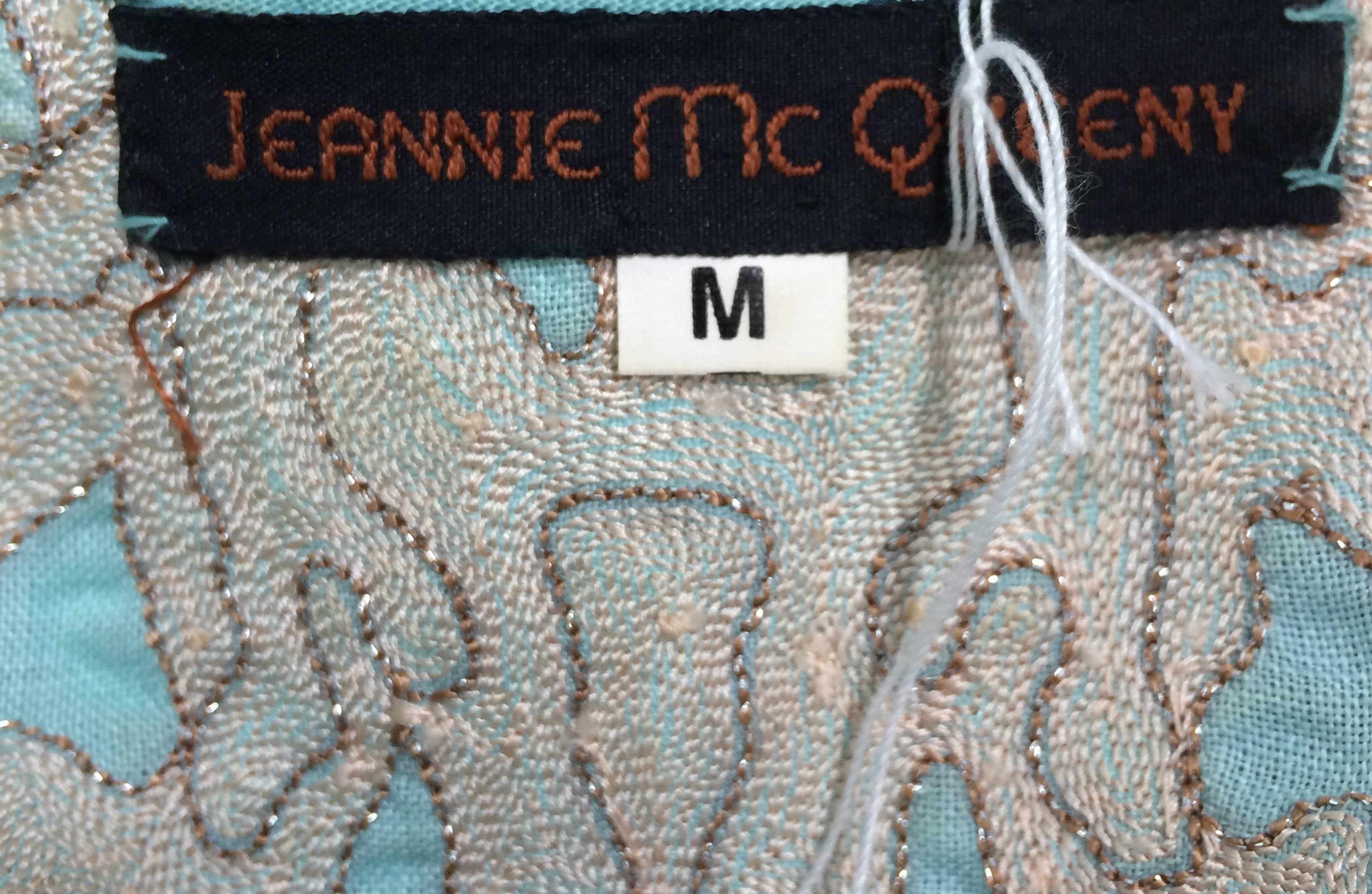 Jeannie McQueeny Aqua linen coral embroidered caftan L 3