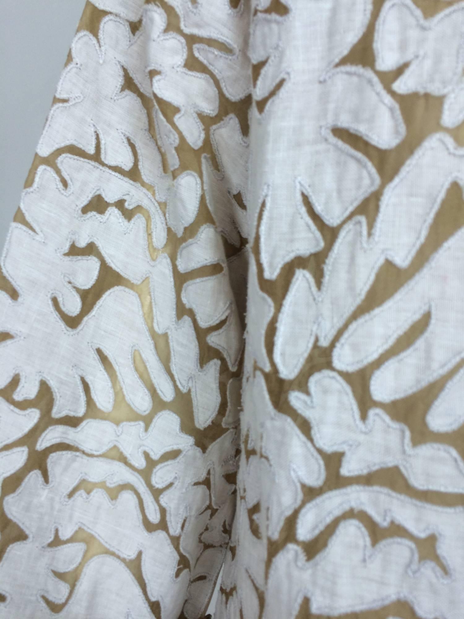 Jeannie McQueeny Cocoa silk organza & linen applique jacket XL...Intricately appliqued in off white linen on cocoa silk organza, this open front jacket is pretty outrageous...Light and perfect for evenings in the tropics or air conditioned