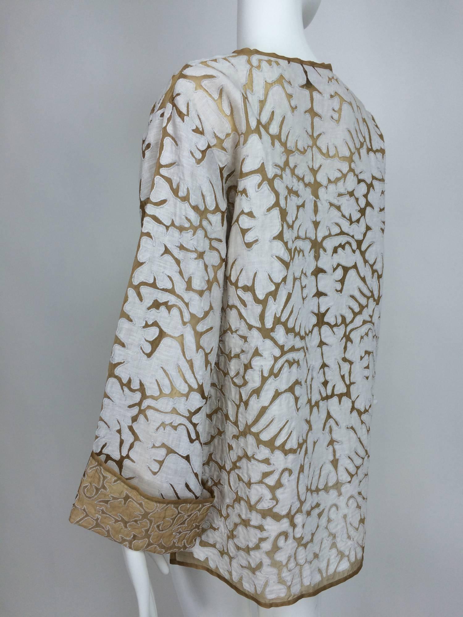Jeannie McQueeny Cocoa silk organza & linen applique jacket XXL In Excellent Condition In West Palm Beach, FL