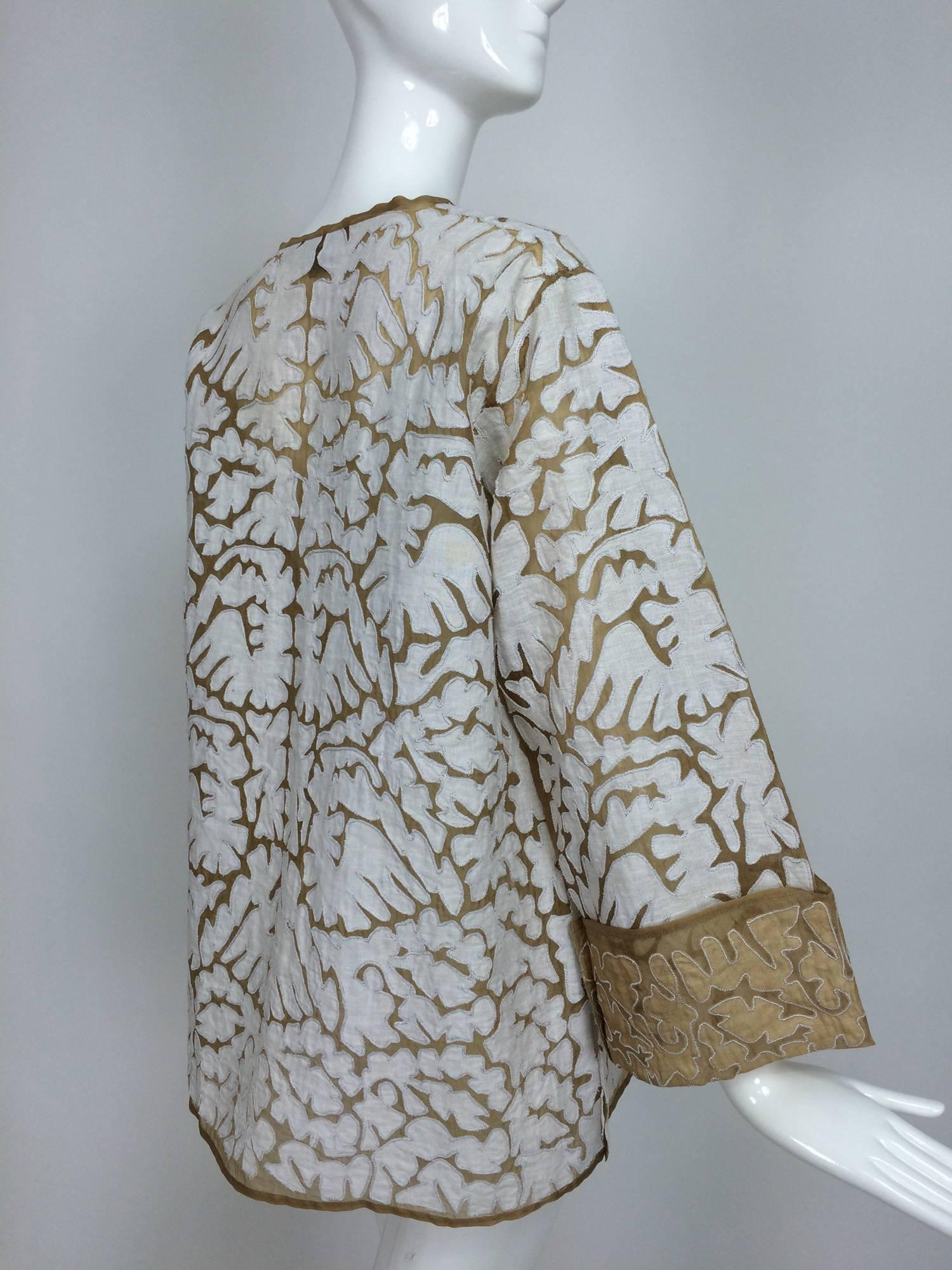 Jeannie McQueeny Cocoa silk organza & linen applique jacket XXL 1