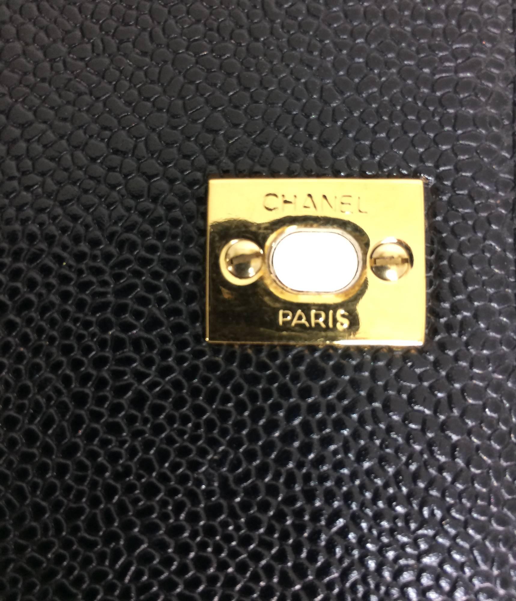 Vintage Chanel top handle flap front black caviar leather handbag 1