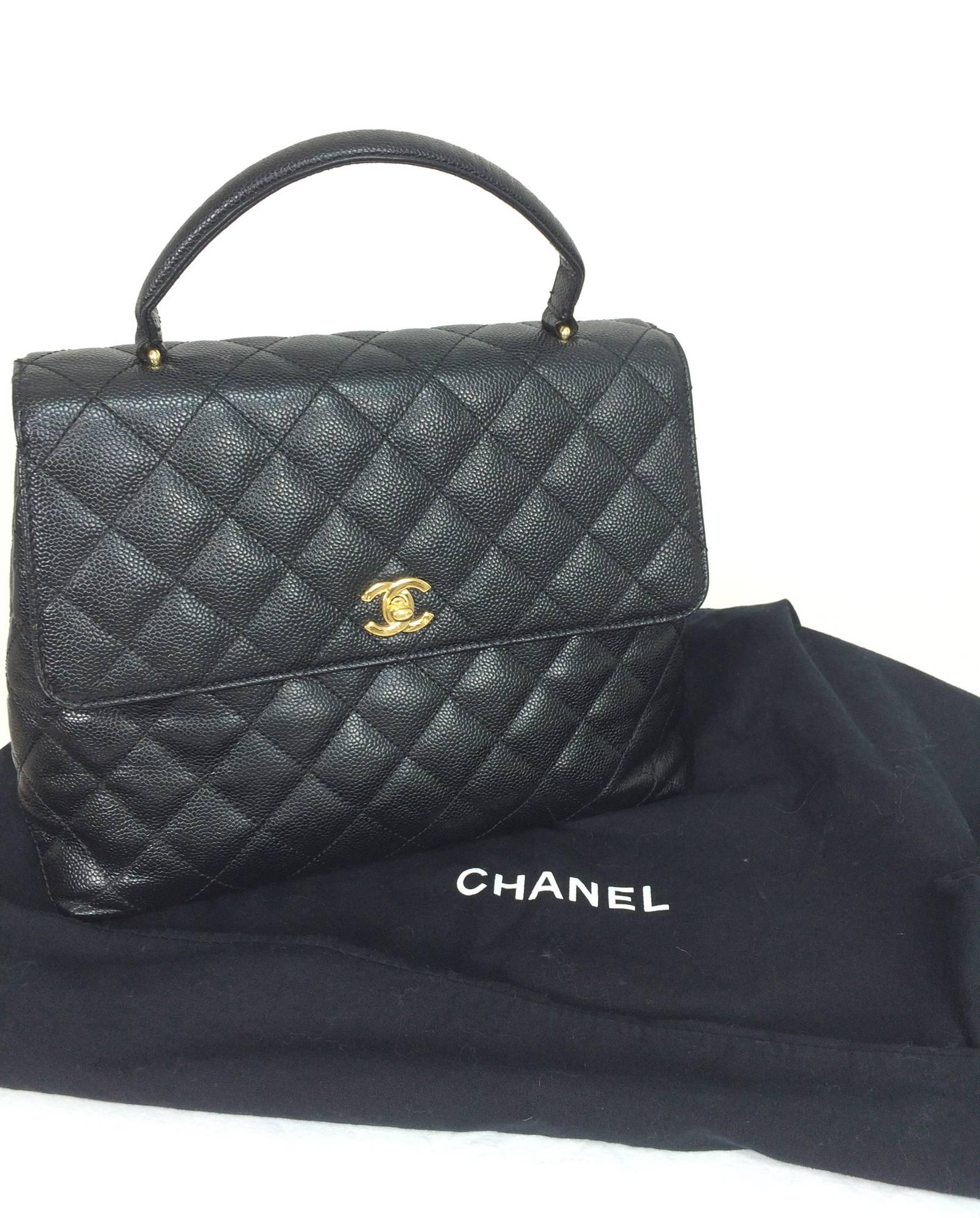 Vintage Chanel top handle flap front black caviar leather handbag 5