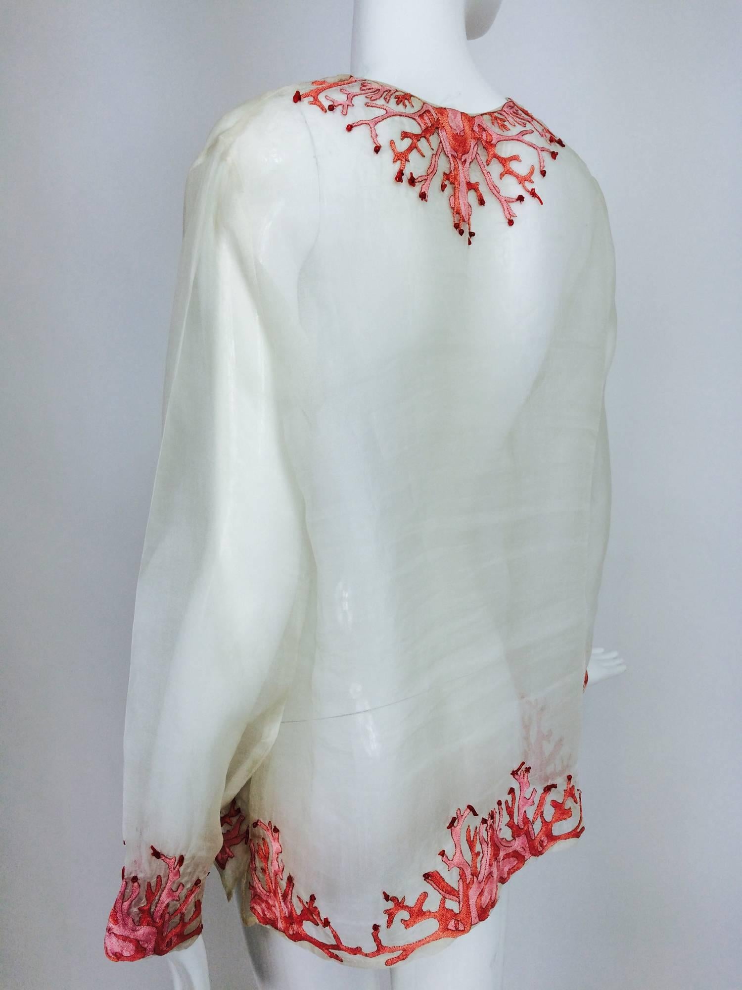 Gray Jeannie McQueeny white silk organza coral embroidered tunic top