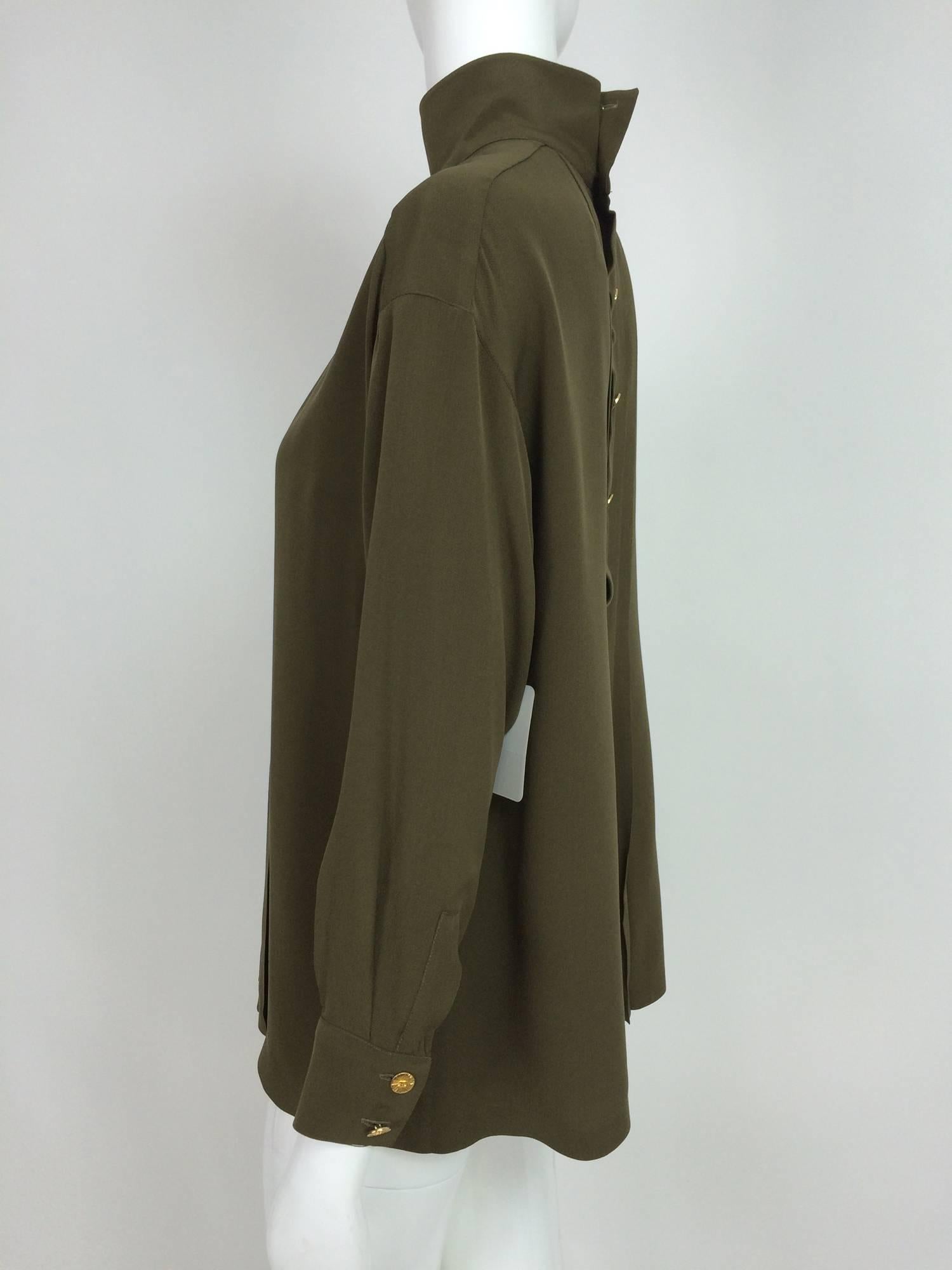 Chanel moss green silk crepe button back blouse 38  1990s 2