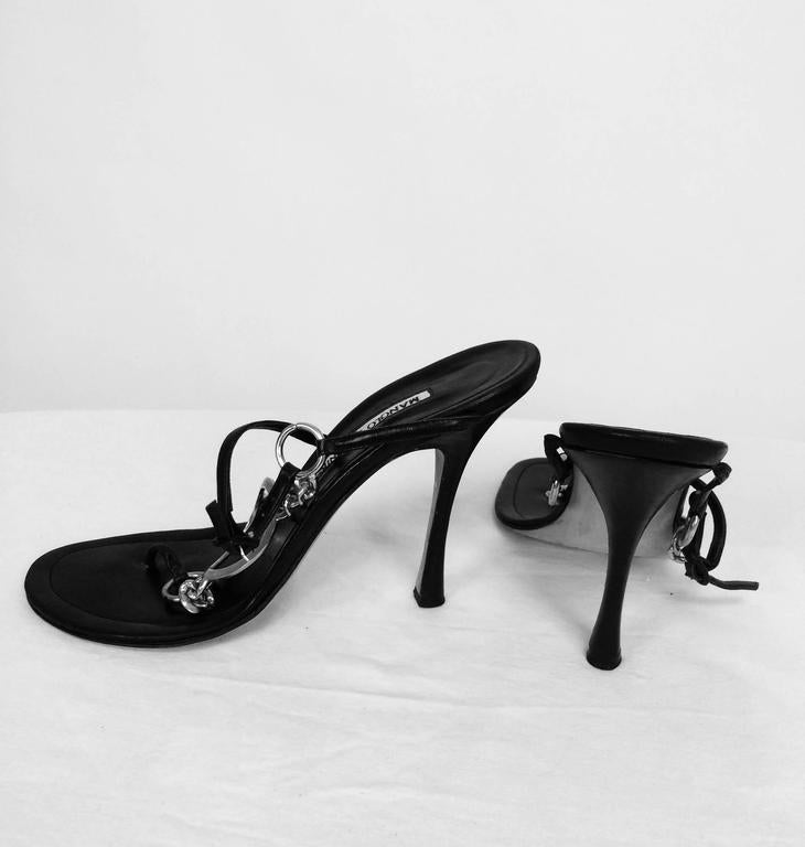 Manolo Blahnik silver ring and chain black leather high heel thong ...