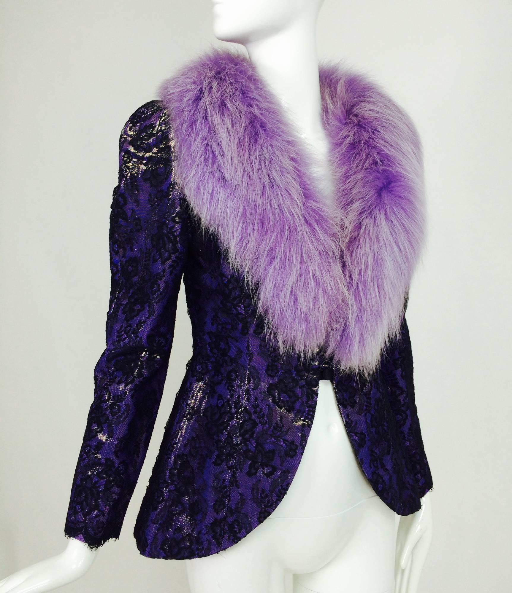 Vintage Adolfo purple metallic lame with black lace jacket with fur collar 1980s. The jacket is purple metallic lame with an overlay of black lace, the princess seamed jacket is fitted through the waist and skims the hips, cuts away at the hem