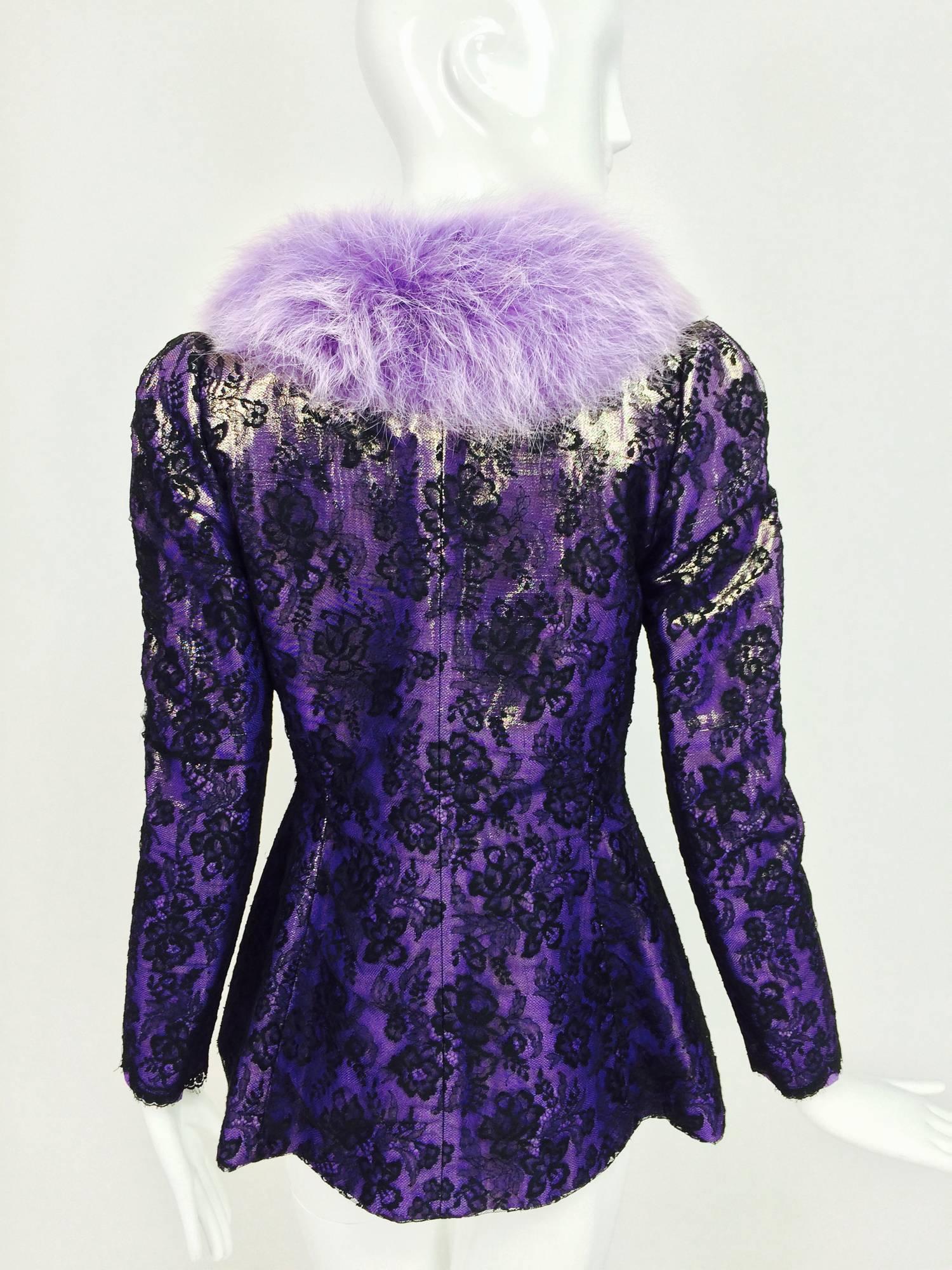 Black Vintage Adolfo purple metallic lame black lace jacket with fur collar 1980s