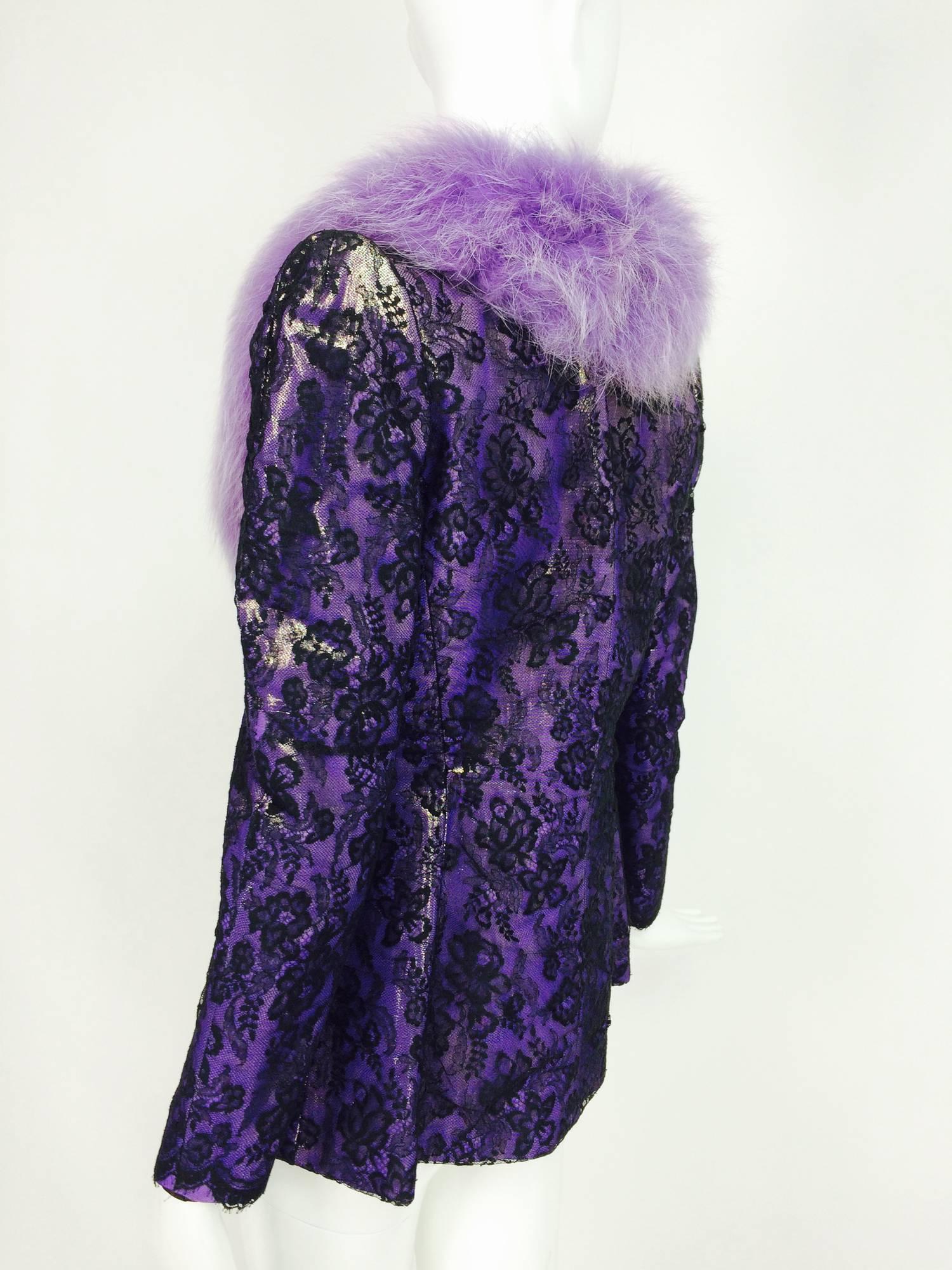 Vintage Adolfo purple metallic lame black lace jacket with fur collar 1980s In Good Condition In West Palm Beach, FL