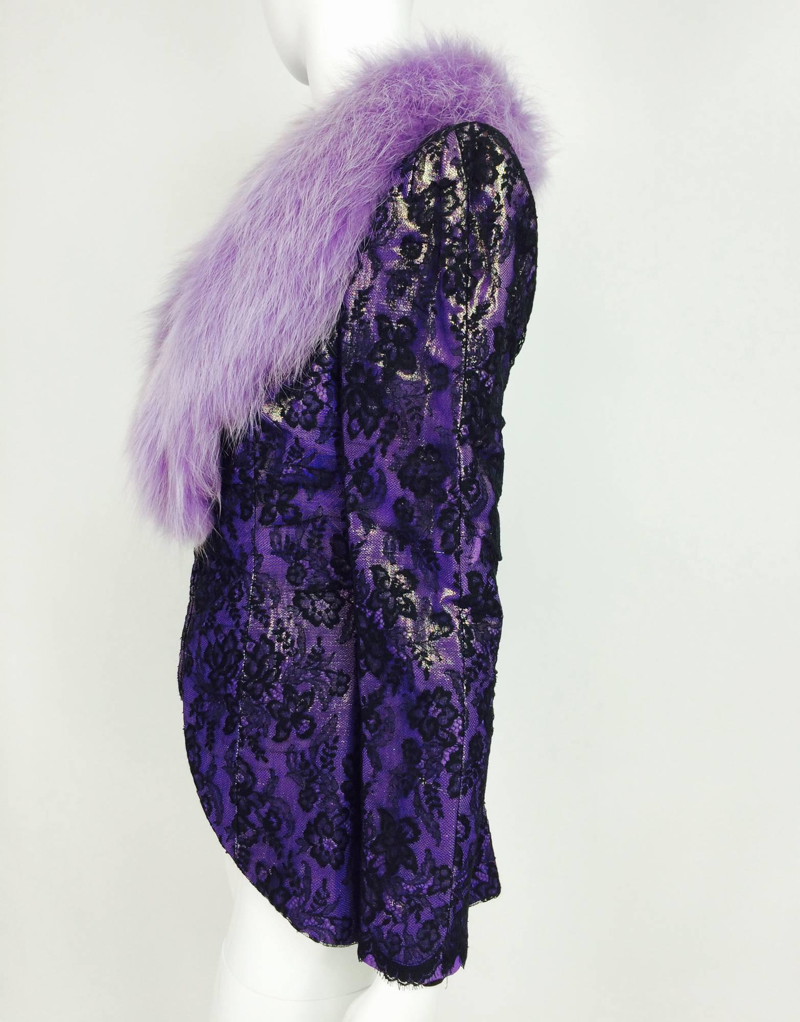 Women's Vintage Adolfo purple metallic lame black lace jacket with fur collar 1980s