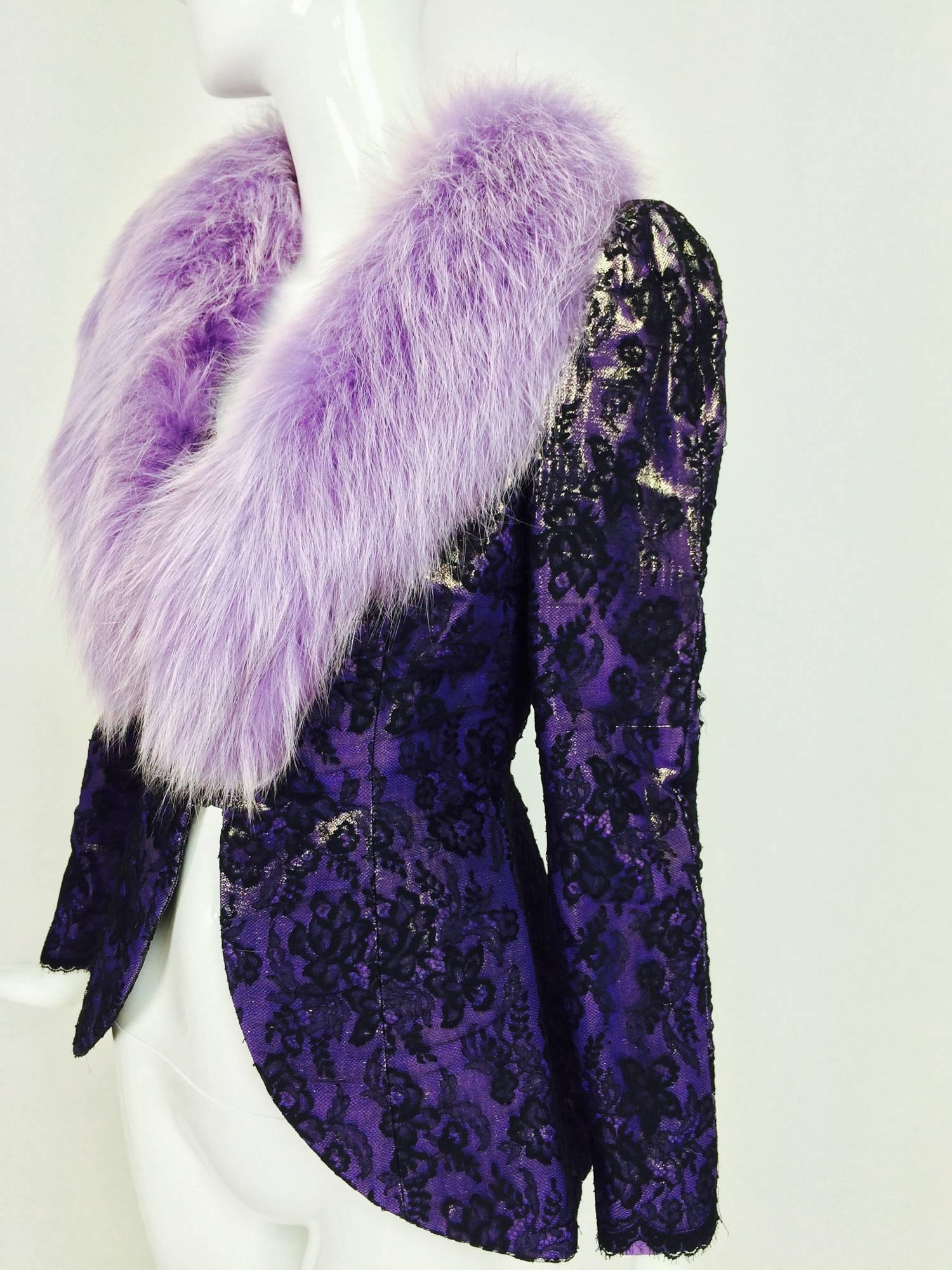 Vintage Adolfo purple metallic lame black lace jacket with fur collar 1980s 1
