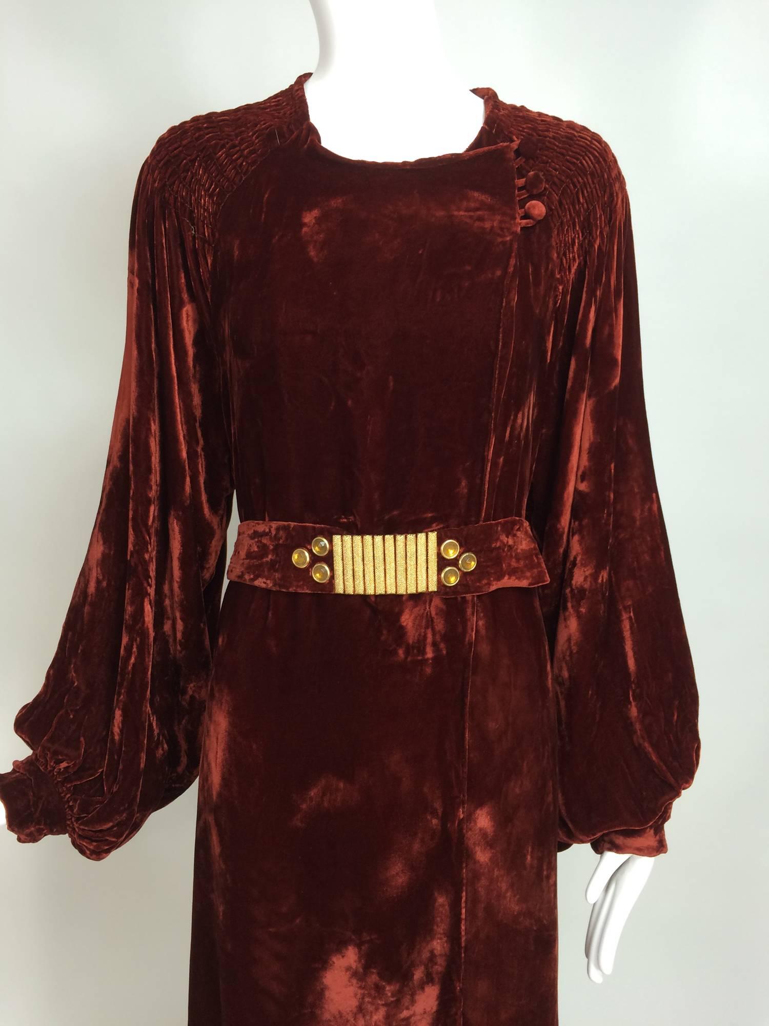 Vintage garnet smocked silk velvet evening robe 1930s...Gorgeous evening robe, wraps at the front with smocking at the shoulder, closes with three button and loops at the shoulder front side, there are hidden snaps down the front...Long full raglan
