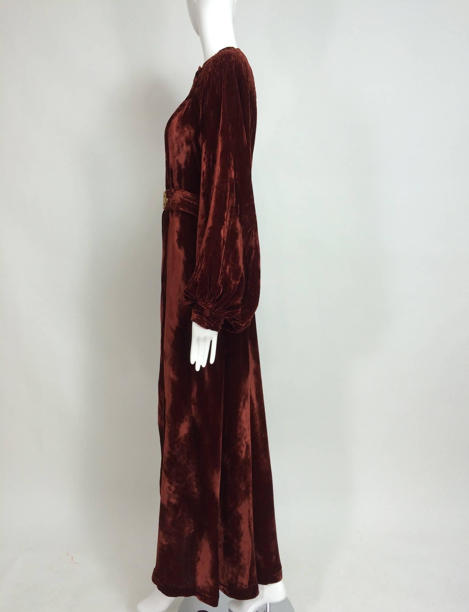 Black Vintage garnet smocked silk velvet evening robe 1930s 