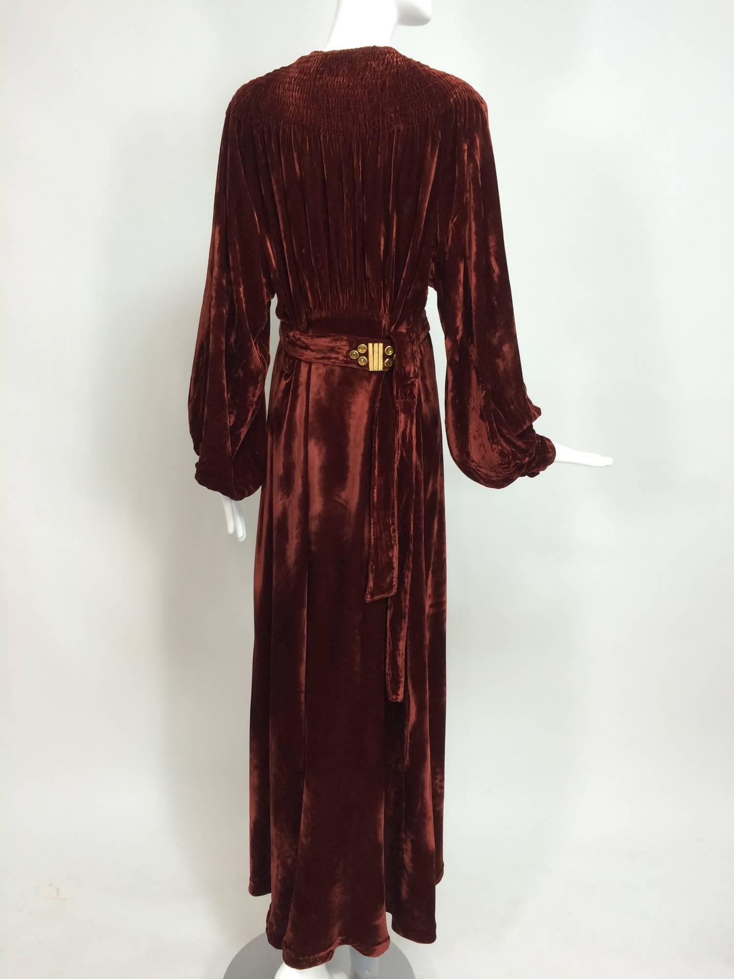 Vintage garnet smocked silk velvet evening robe 1930s  In Excellent Condition In West Palm Beach, FL